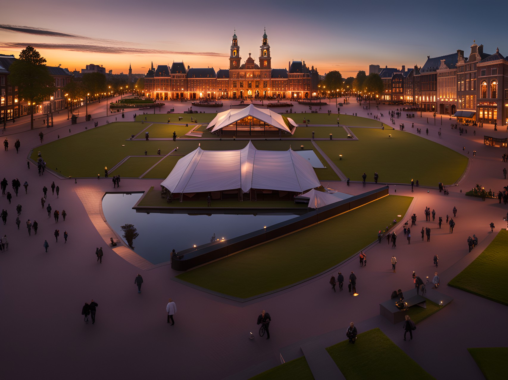 het museumplein amsterdam at sunset, ambient lighting, highly detailed, ultra wide angle lens preview