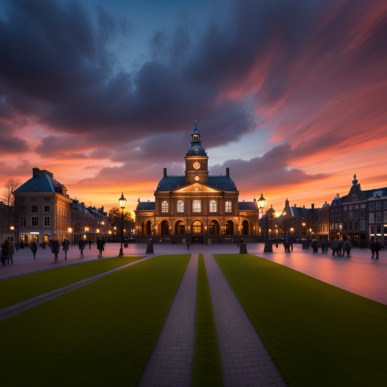 het museumplein amsterdam at sunset, ambient lighting, highly detailed, ultra wide angle lens preview