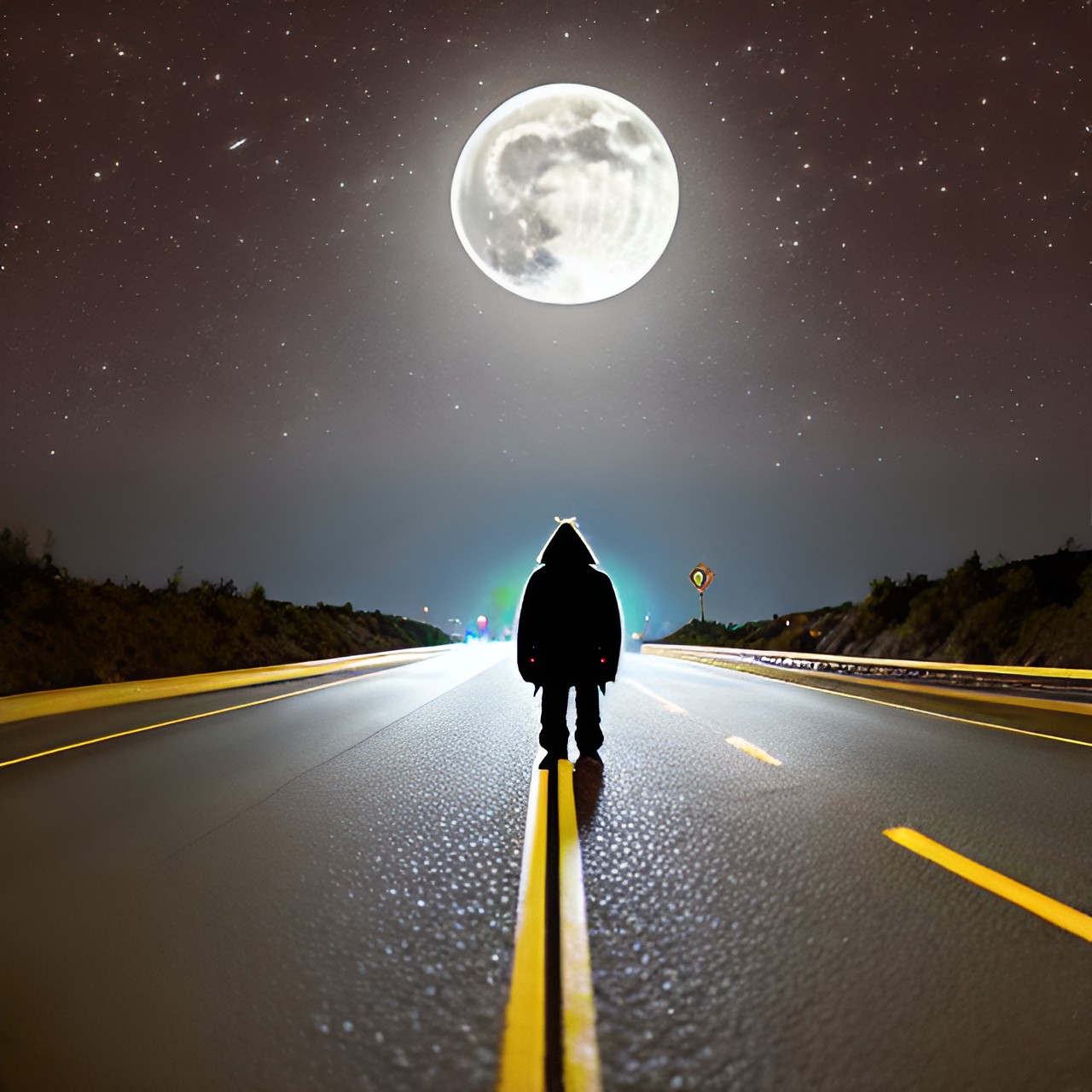 a saquatch walking on a highway at night and there is a full moon preview