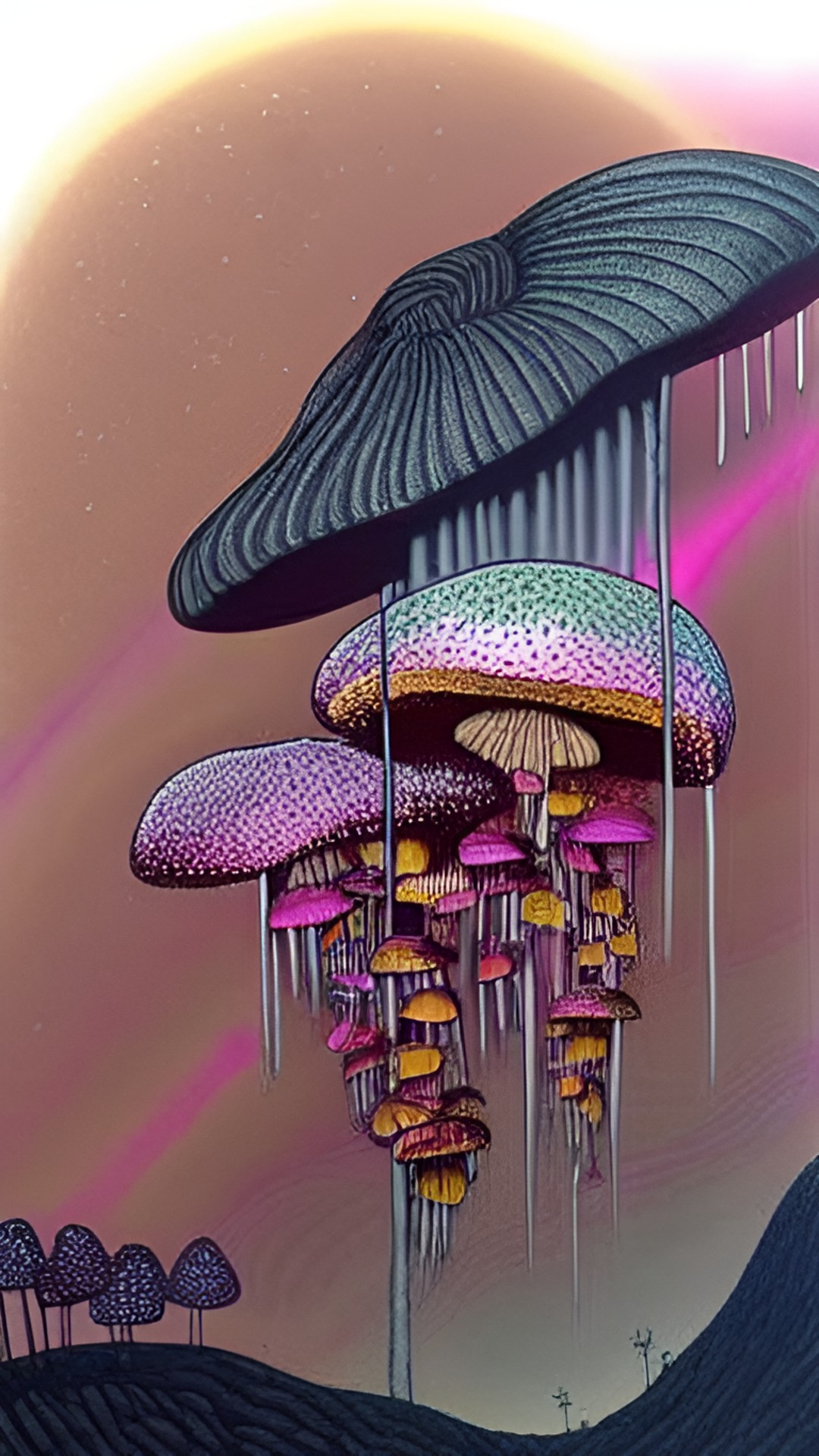 waterfall and mushrooms with pink rain preview