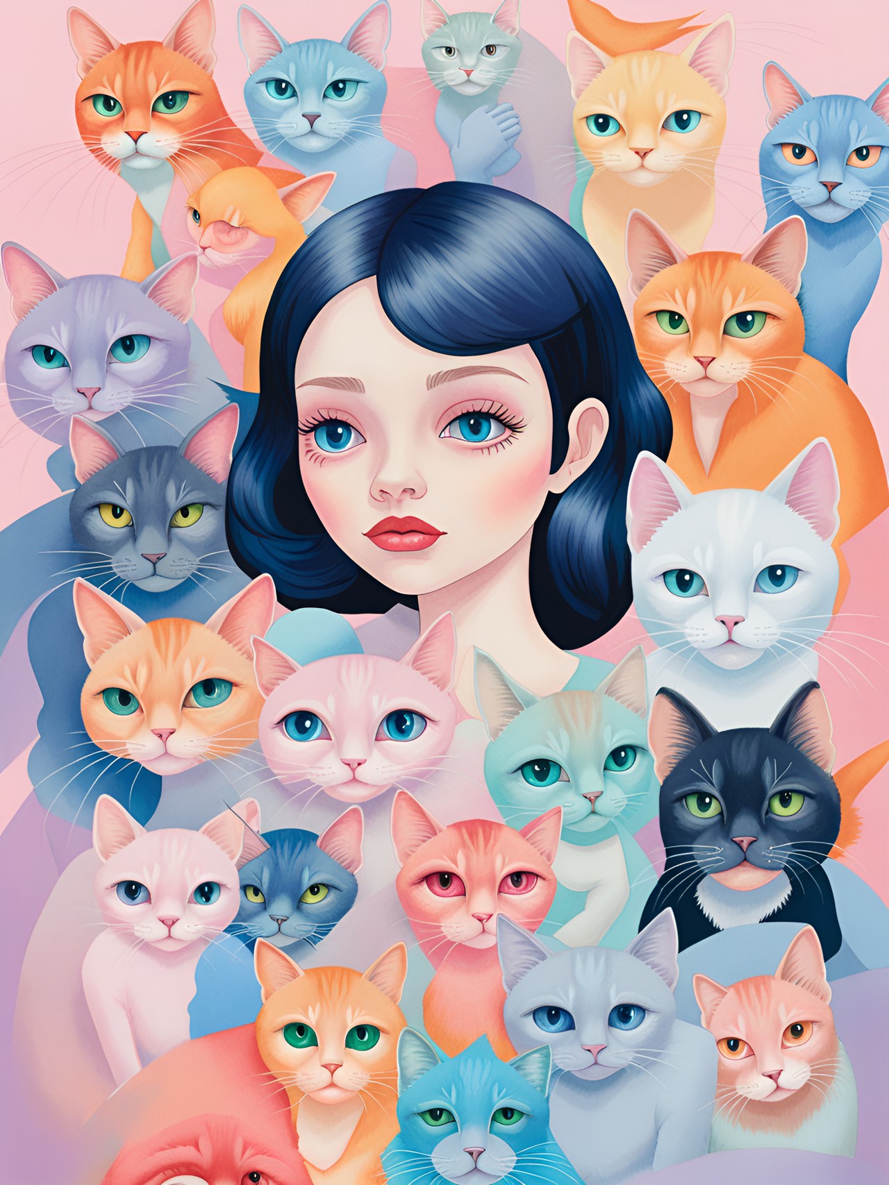 judd nelson, cats aesthetic, dreamlike, weird, surreal, creepy cute, pop culture references, colorful pastel, trevor brown, audrey kawasaki, mark ryden, miss van, natalie shau, contemporary art, detailed, focus preview