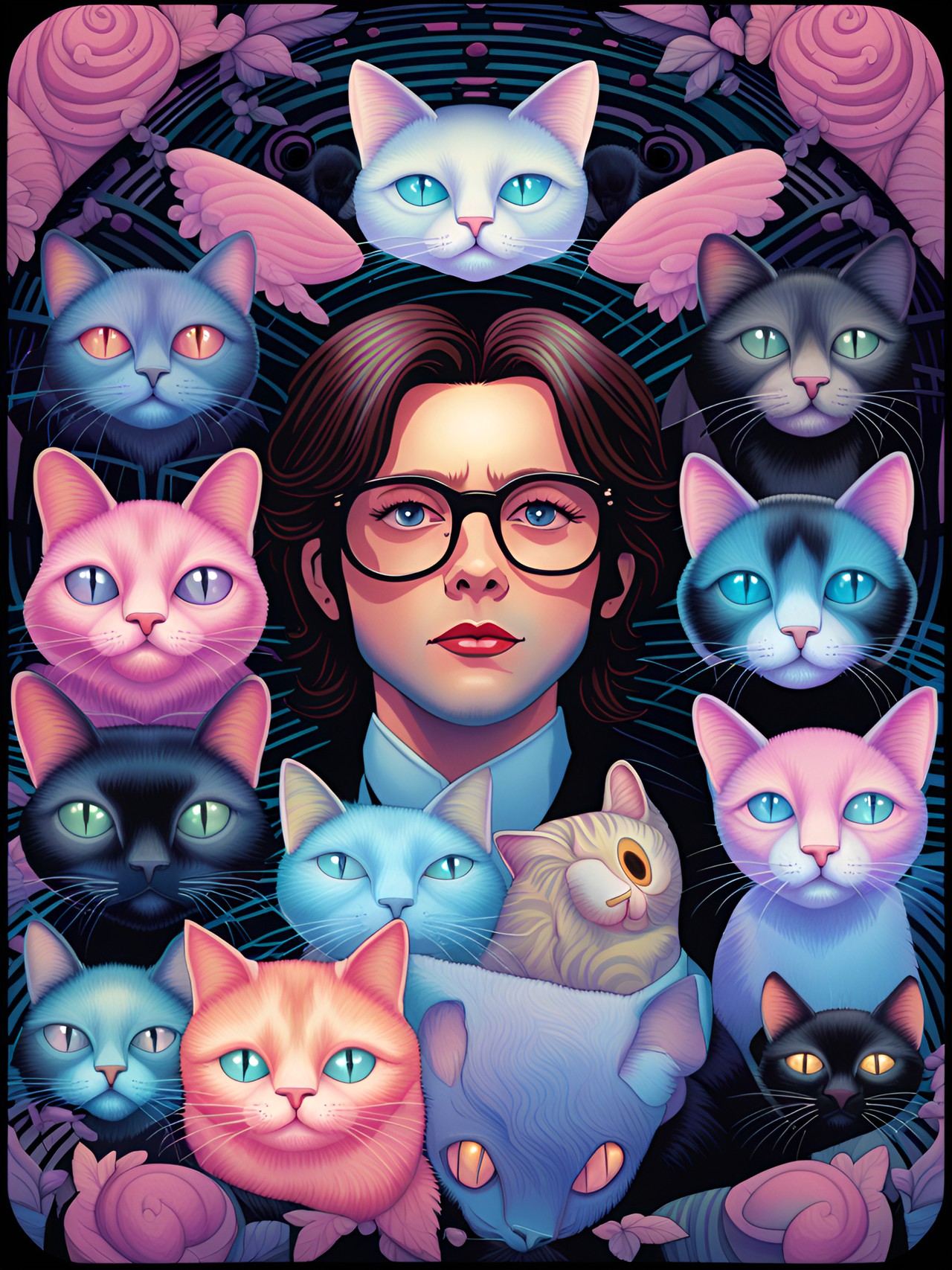 judd nelson, cats aesthetic, dreamlike, weird, surreal, creepy cute, pop culture references, colorful pastel, trevor brown, audrey kawasaki, mark ryden, miss van, natalie shau, contemporary art, detailed, focus preview