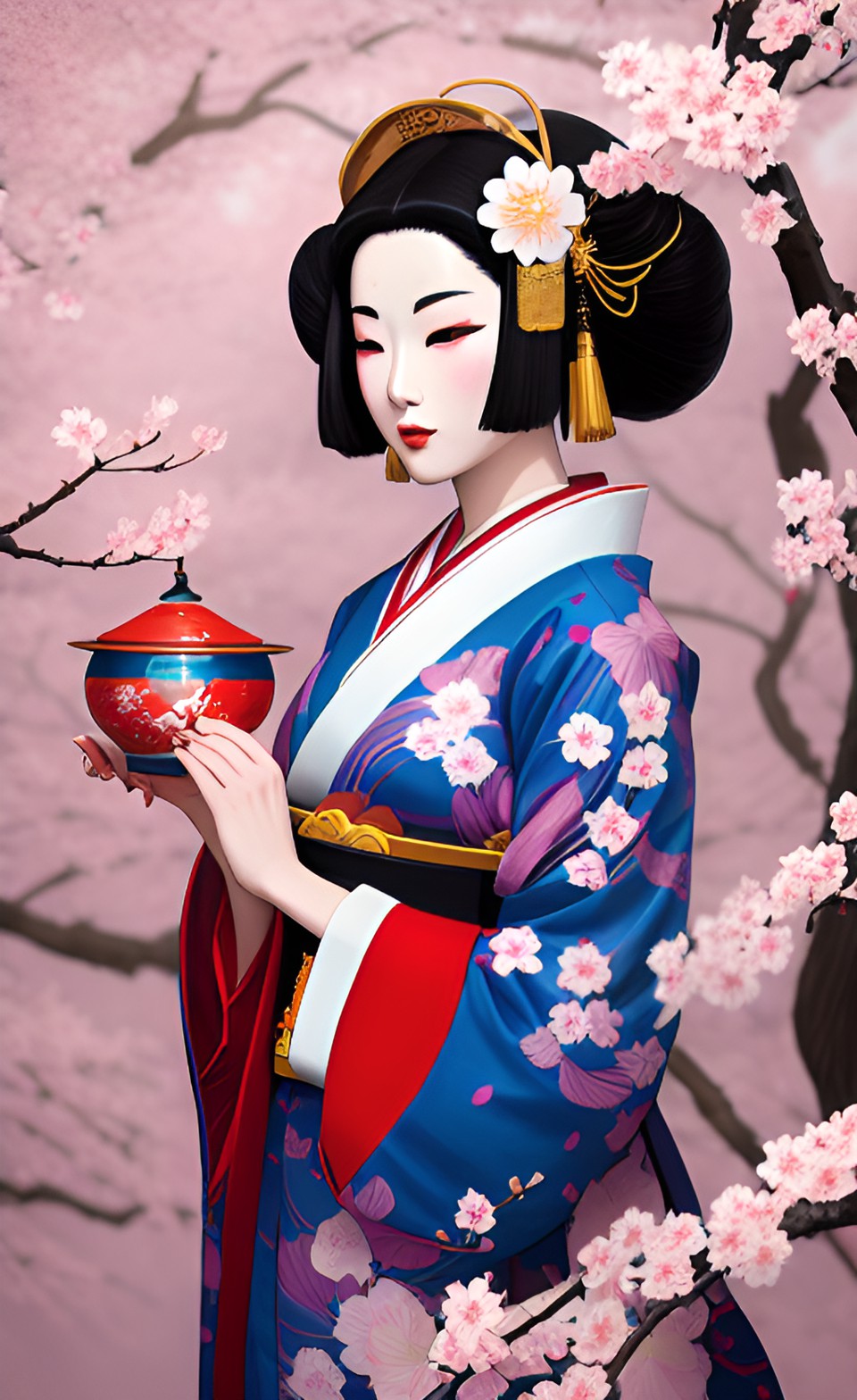 geisha surrounded by sakura blossoms preview