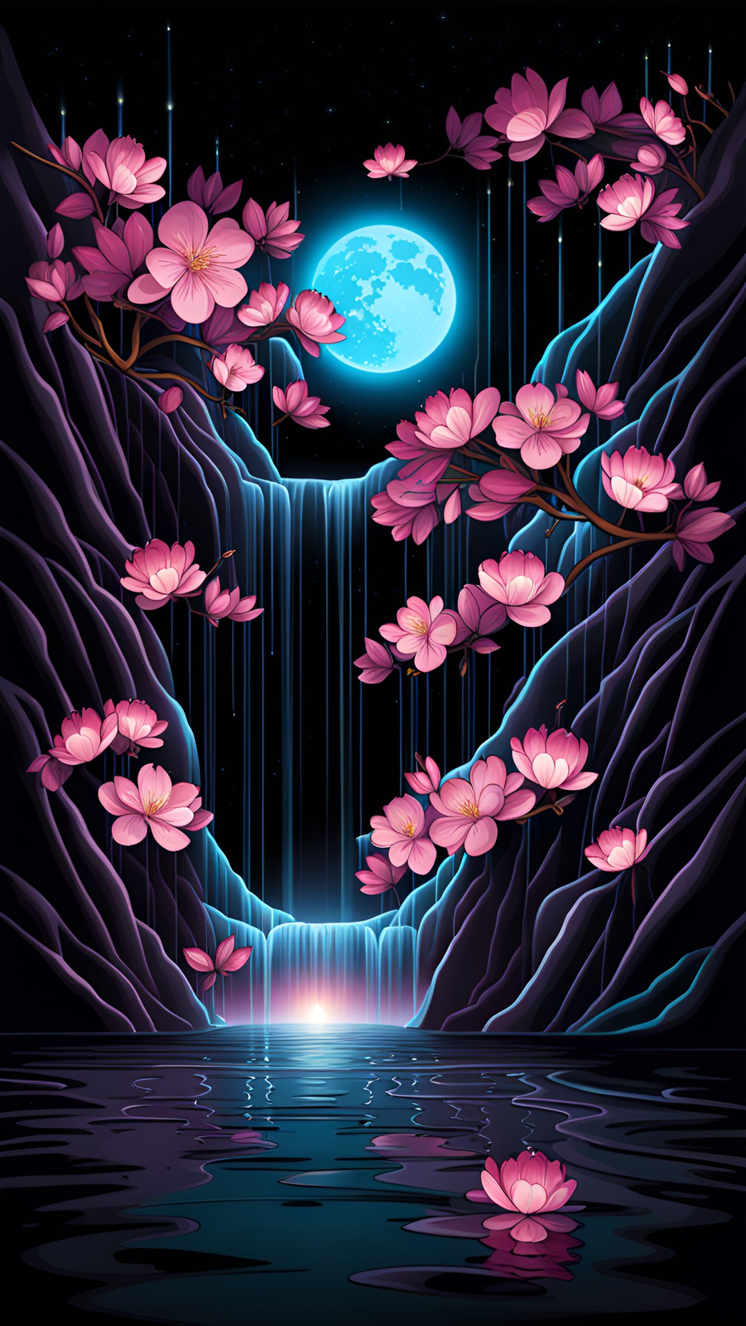 cherry blossom waterfall, night, lanterns preview