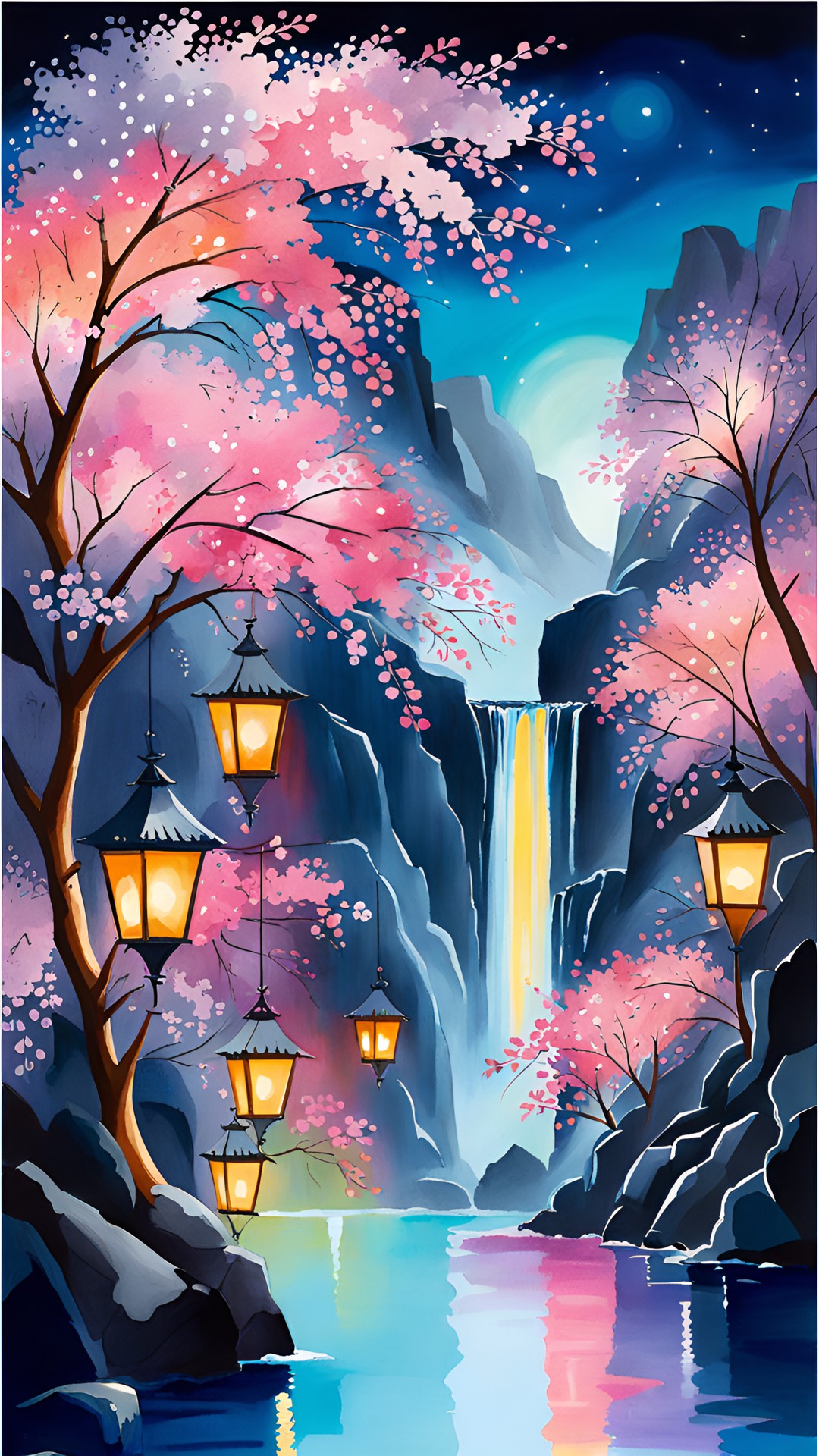 cherry blossom waterfall, night, lanterns preview