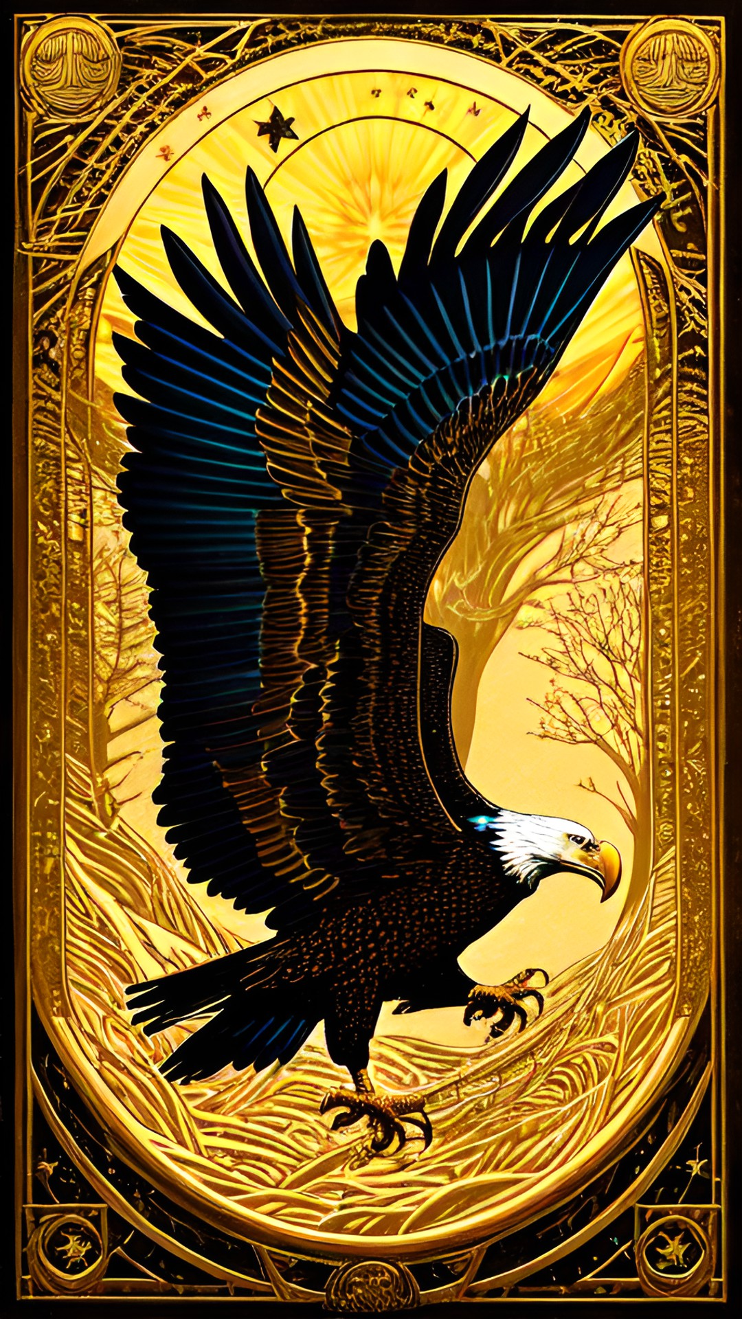 flying eagle, gold stars , sun, trees preview