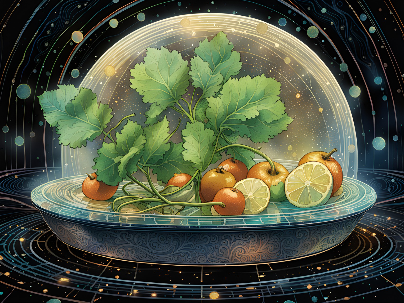 coriander still life by michael william kaluta & victto ngai,dark scene,mosaic render preview