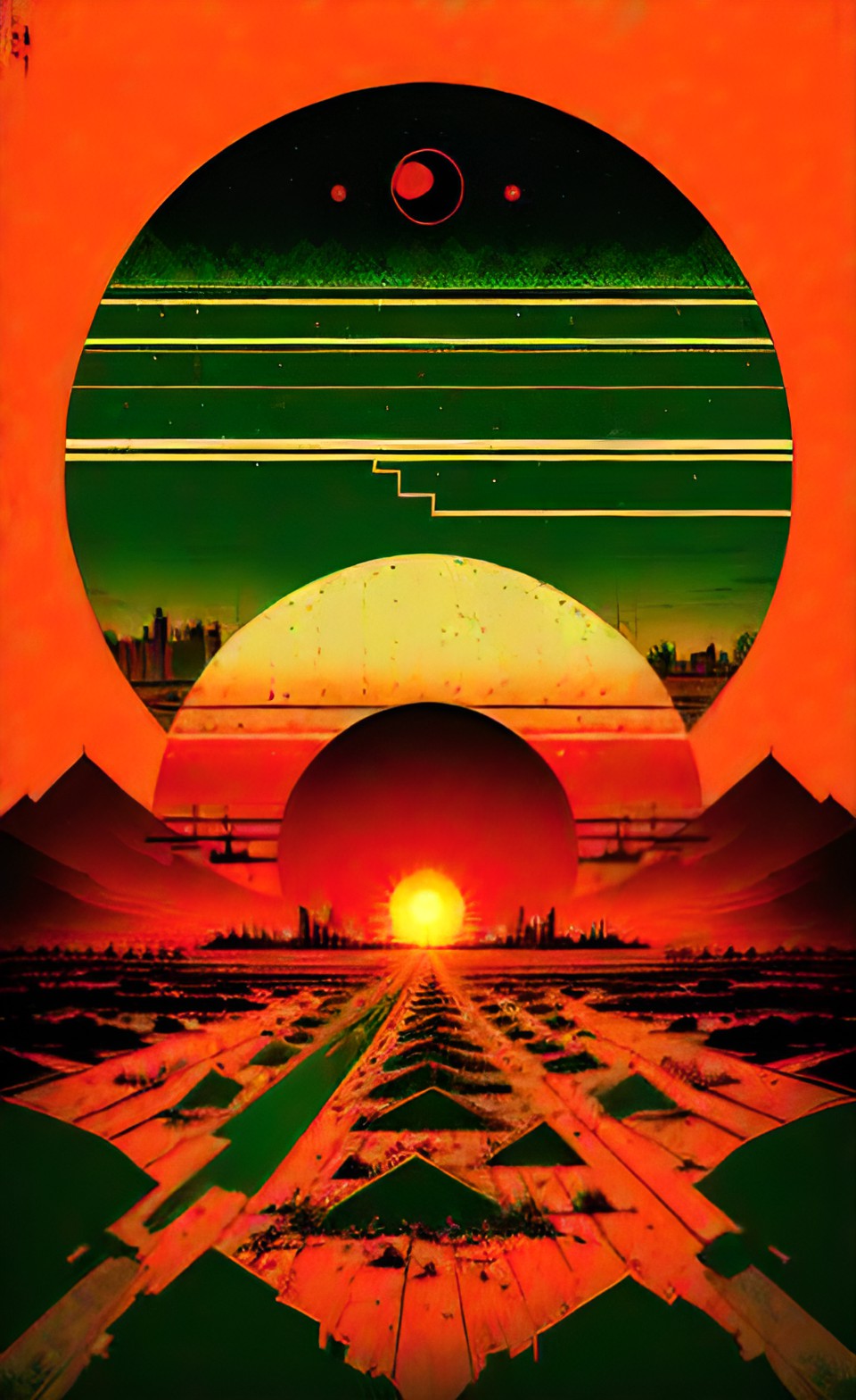 green cracks 1 - poster art, earthquake in the middle,symmetrical, huge fault lines ,marijuana plants fields, abandoned green building with cracks in walls and windows, marijuana growing everywhere, huge red sun preview