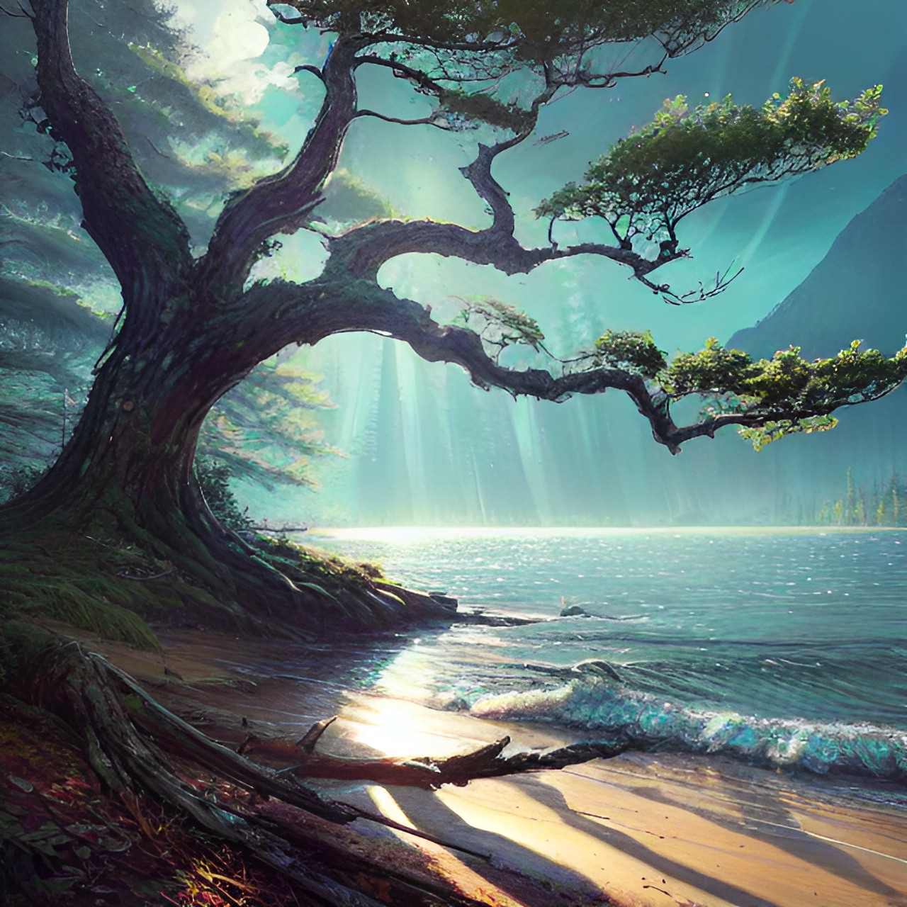 old tree on the lake shore, waves, sun glare, forest, 8k preview