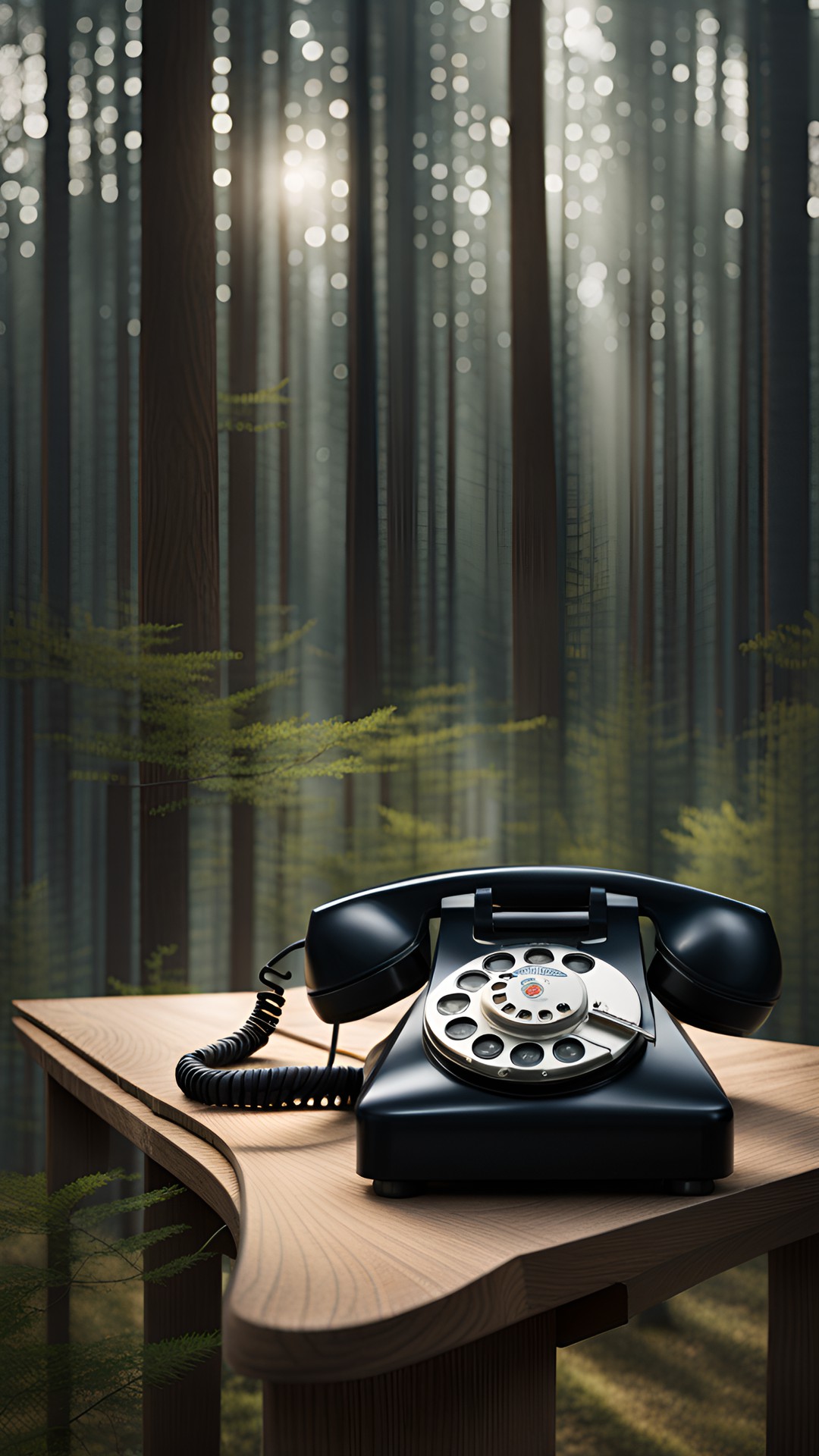 black rotary phone on white desk in the middle of the forest. preview