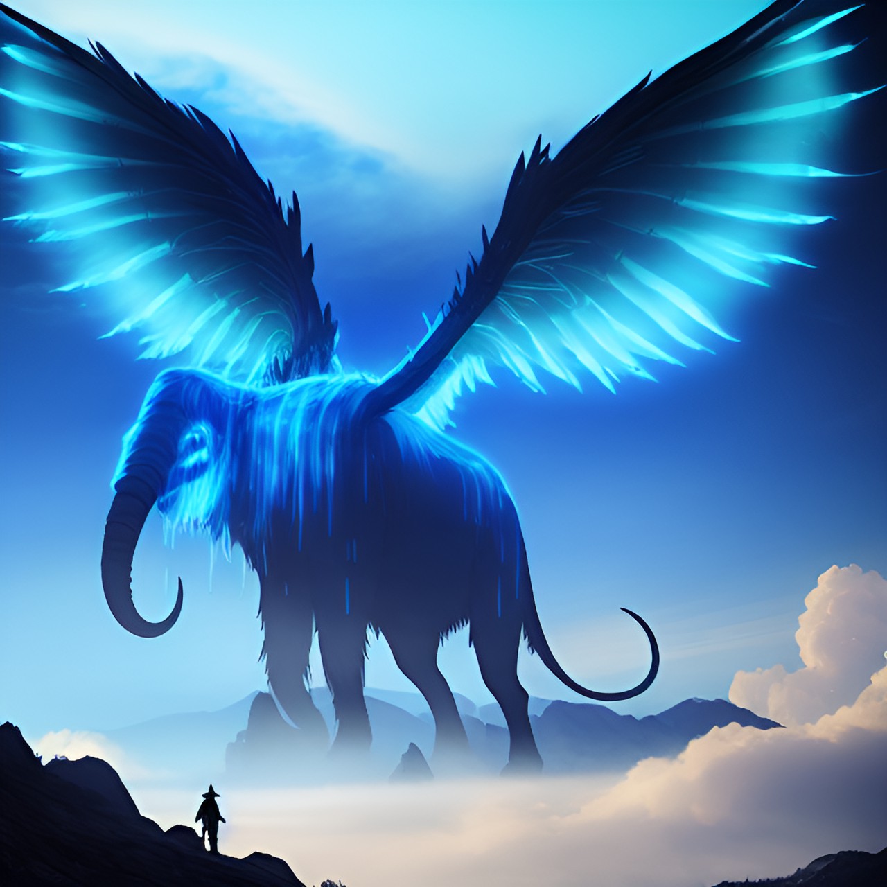 300 feet tall  ghost-like mammoth-like monster with wings and long tusk. it walks in all four. the creature is transparent and glows etherial blue. it's floating over the horizon.

[keep in mind that the creature is transparent] preview