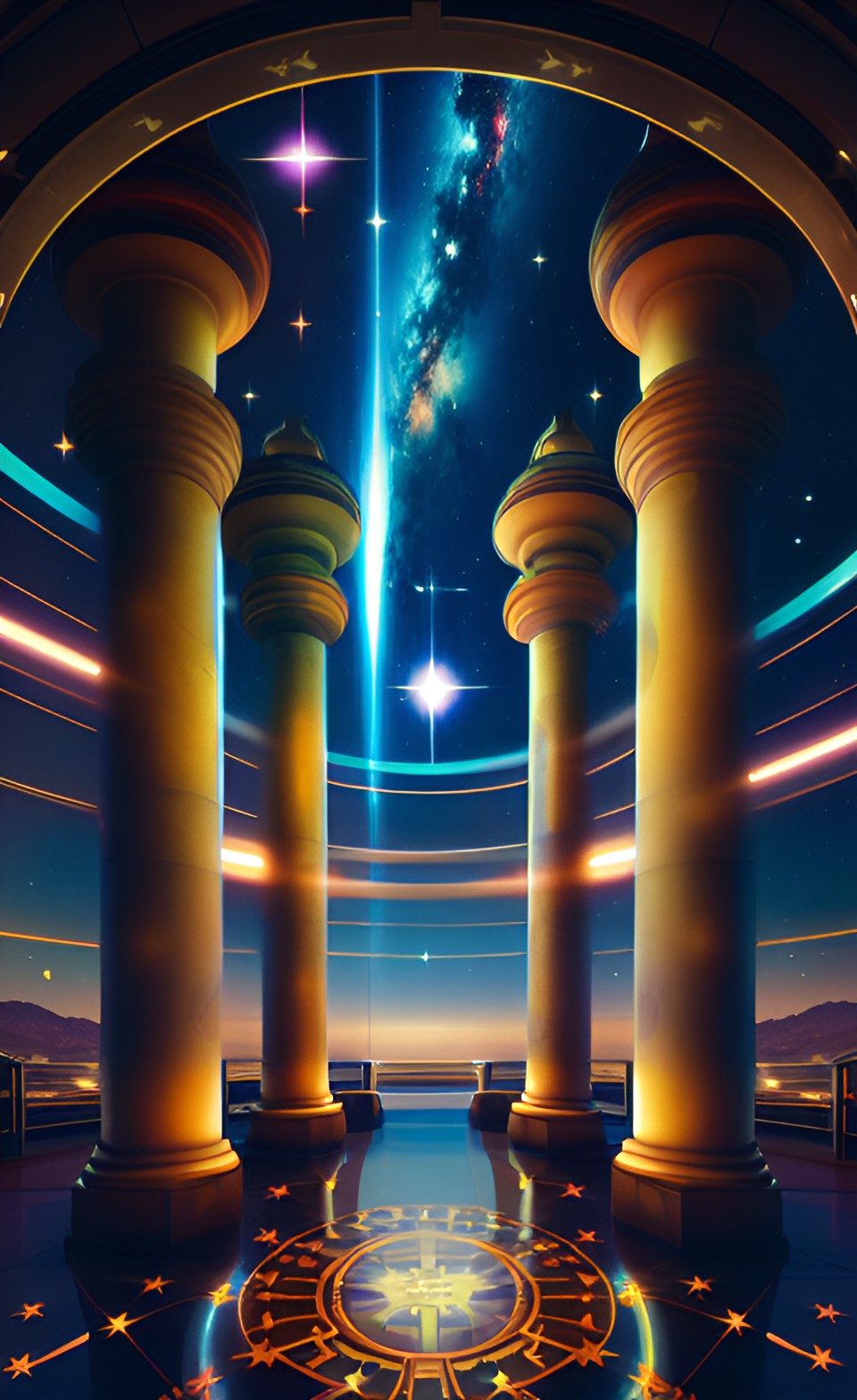 pillars of consciousness leading up into the night sky, with stars and galaxies shining through portholes preview