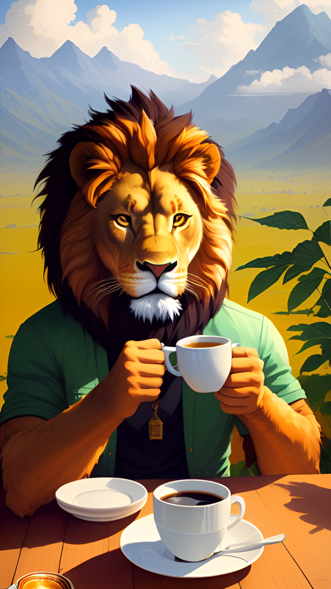 A Brew of Pride - a lion man drinking a cup of coffee preview