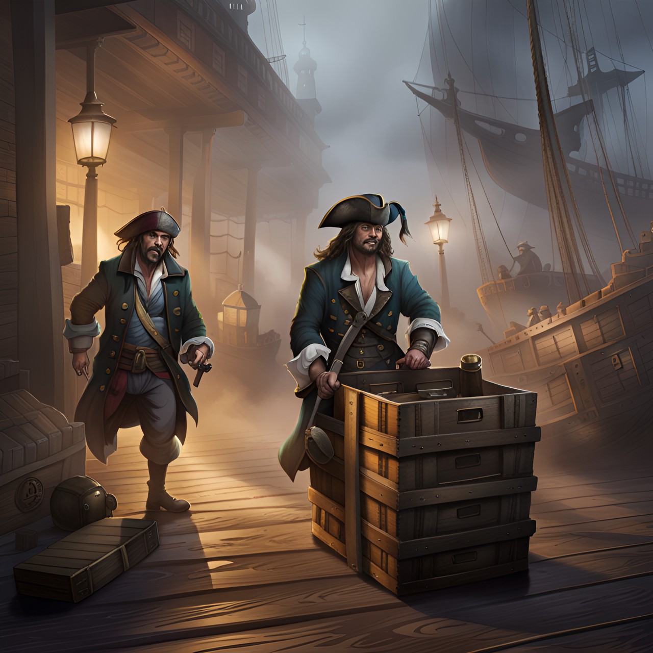 pirates boarding their ship, carrying crates, rat in the background, misty streets, wooden planks preview