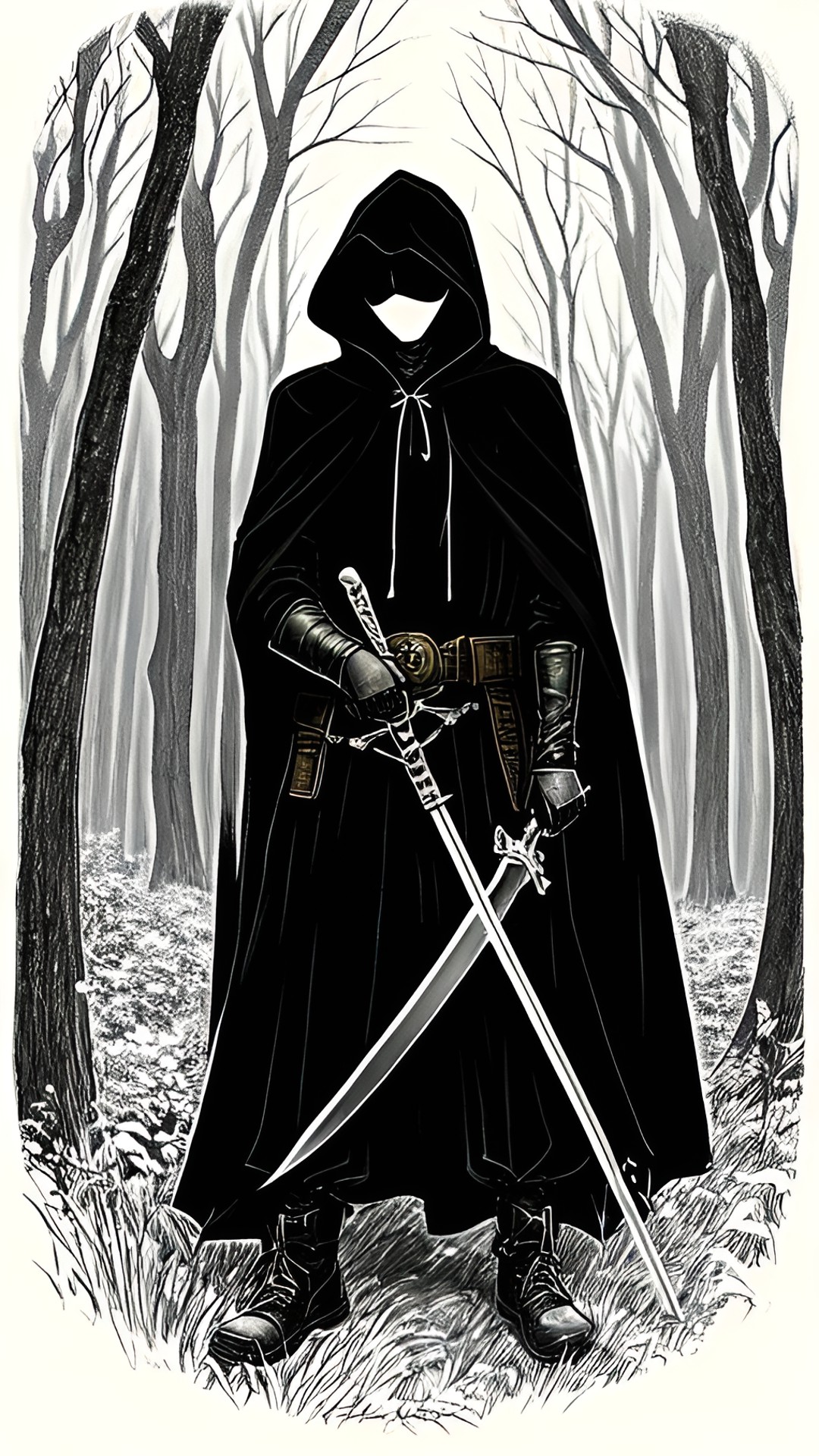 dark hooded figure in the woods armed with a sword preview