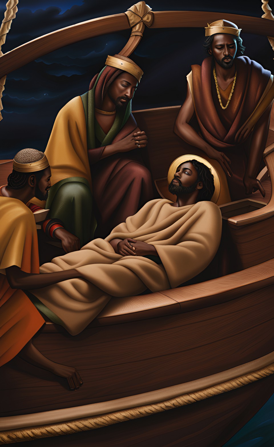 dark complexion jesus sleeping in a large boat with his disciples preview