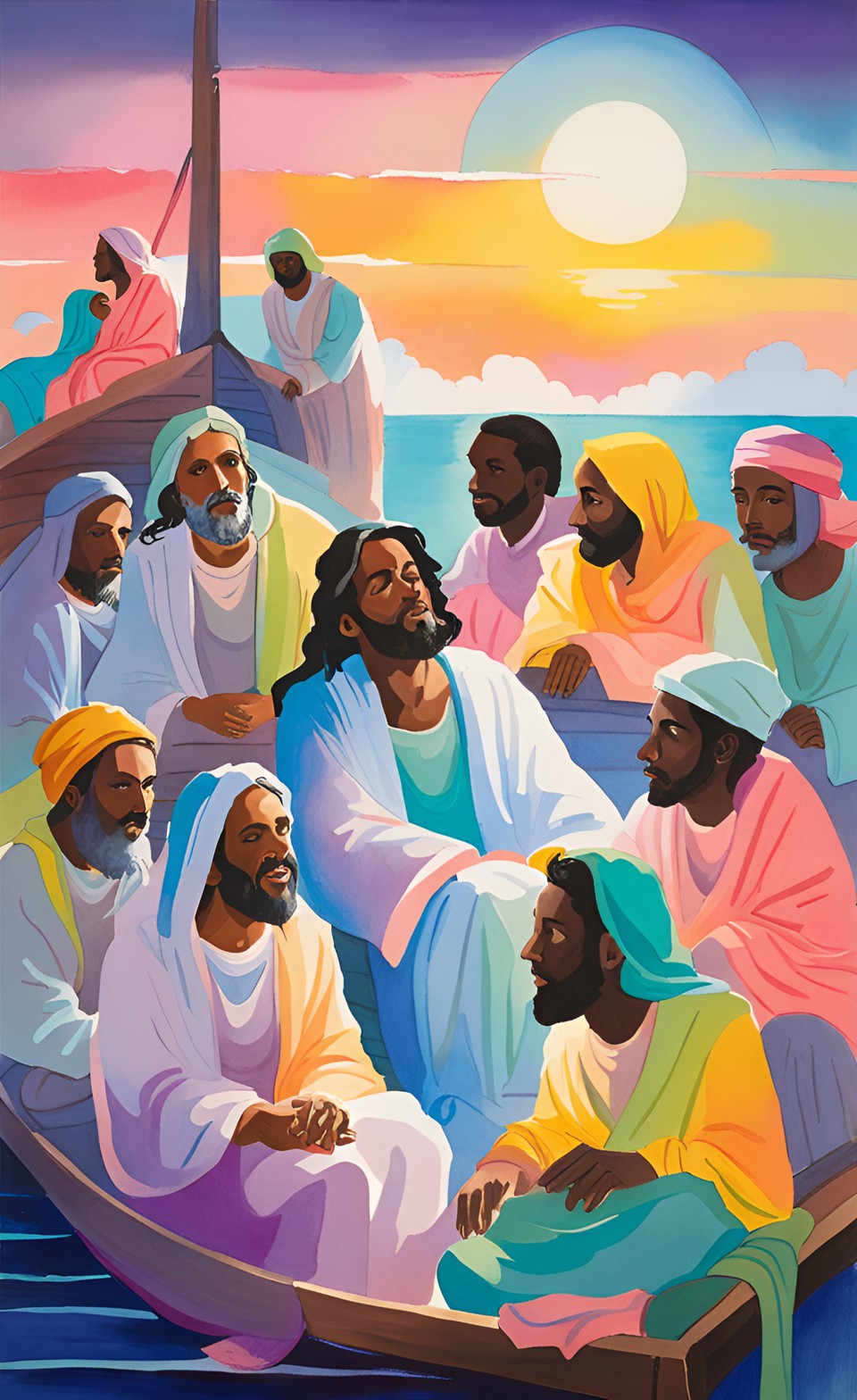 dark complexion jesus sleeping in a large boat with his disciples preview