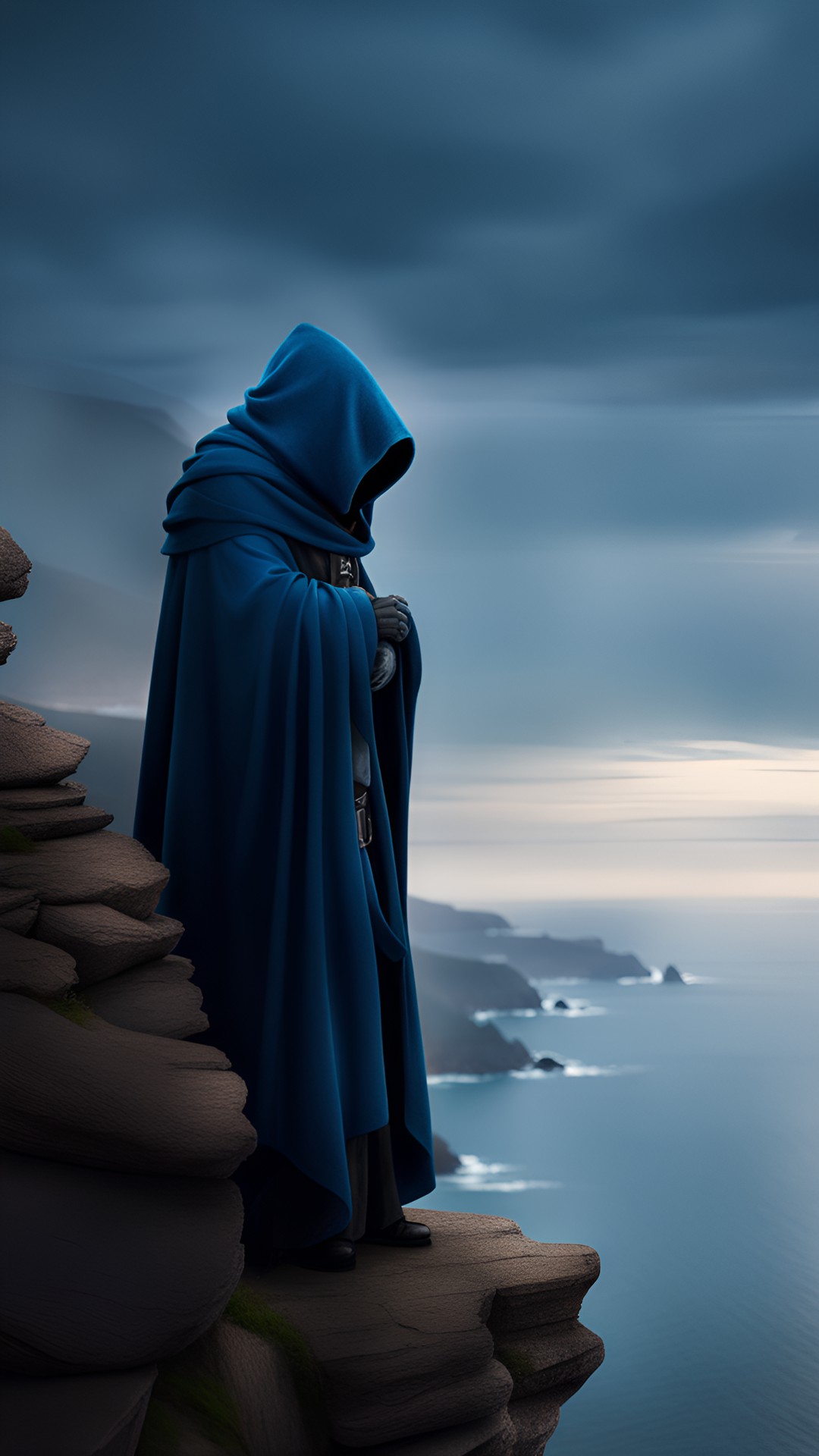 mysterious cloaked sage, standing on a cliff overlooking the sea. his face is hidden in the shadows of his cowl, but his piercing blue eyes are visible. he seems to be deep in thought, contemplating the world preview