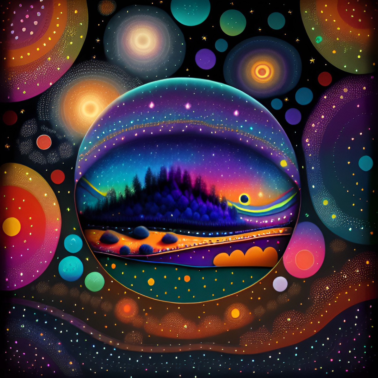 Hidden realm aurora - colorful small dots, dreamtime aboriginal art, story image land relationship preview