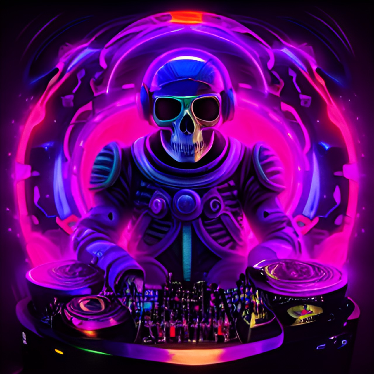 DJ Skelly Skell - glowwave skeleton in an atompunk spacesuit with helmet hallucinating day-glo colors and swirling patterns preview