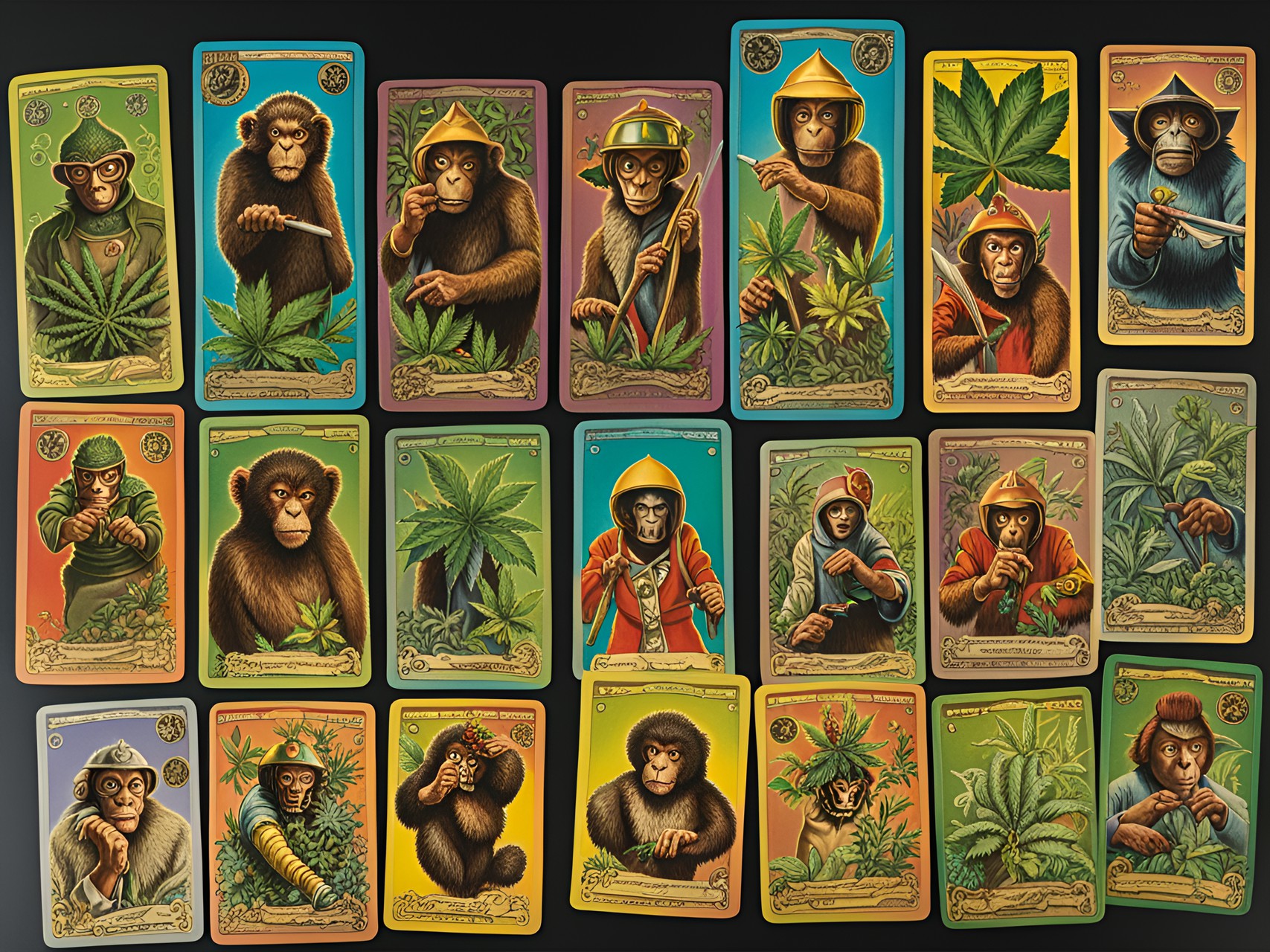 movie 
trading card set for a tokusatsu starring monkeys who smoke weed. 70mm film. psychedelic costumes. elaborate sets. experimental lighting. all are stoned and buzzed on marijuana. preview