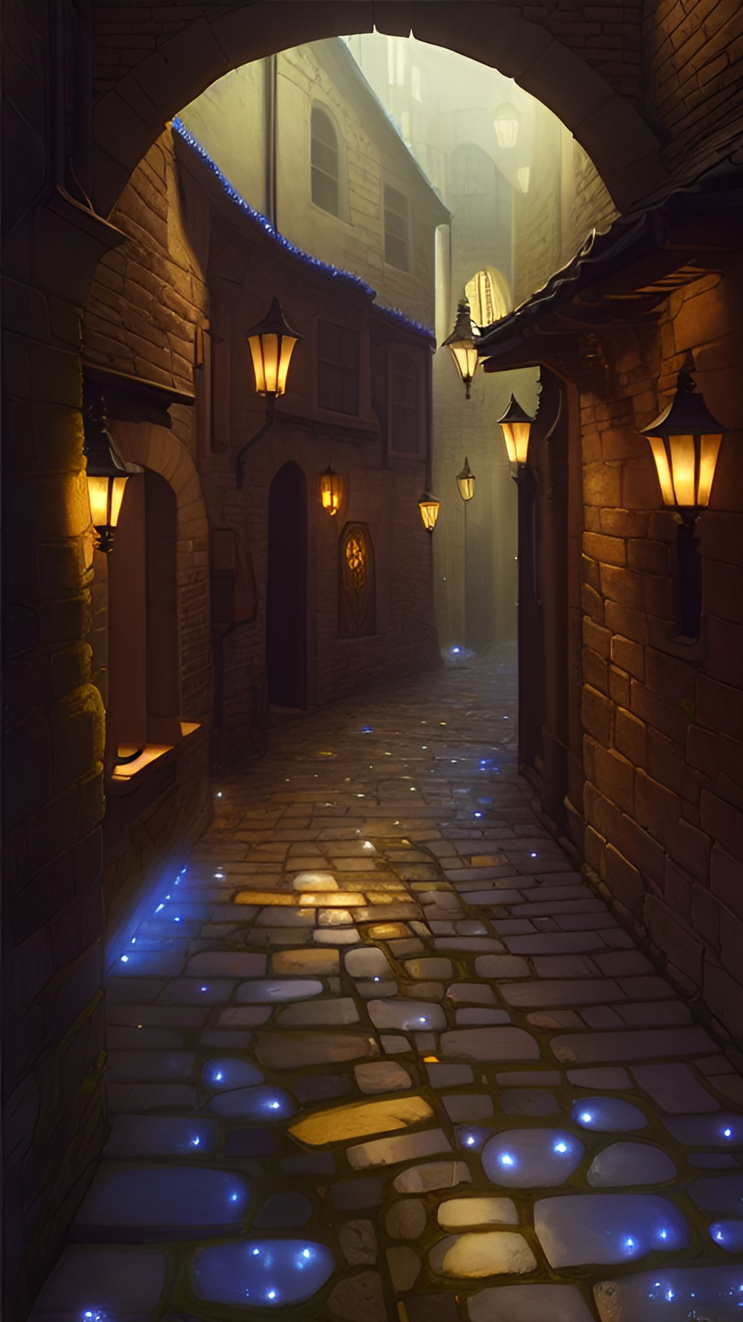 Alleyway - medieval alleyway lit by floating magical lamps,realistic cobblestones and stonework, hyperdetailed, fantasy style, alma tadema style preview