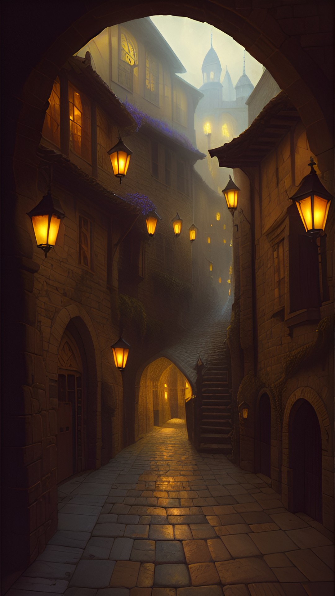 medieval alleyway lit by floating magical lamps,realistic cobblestones and stonework, hyperdetailed, fantasy style, alma tadema style preview