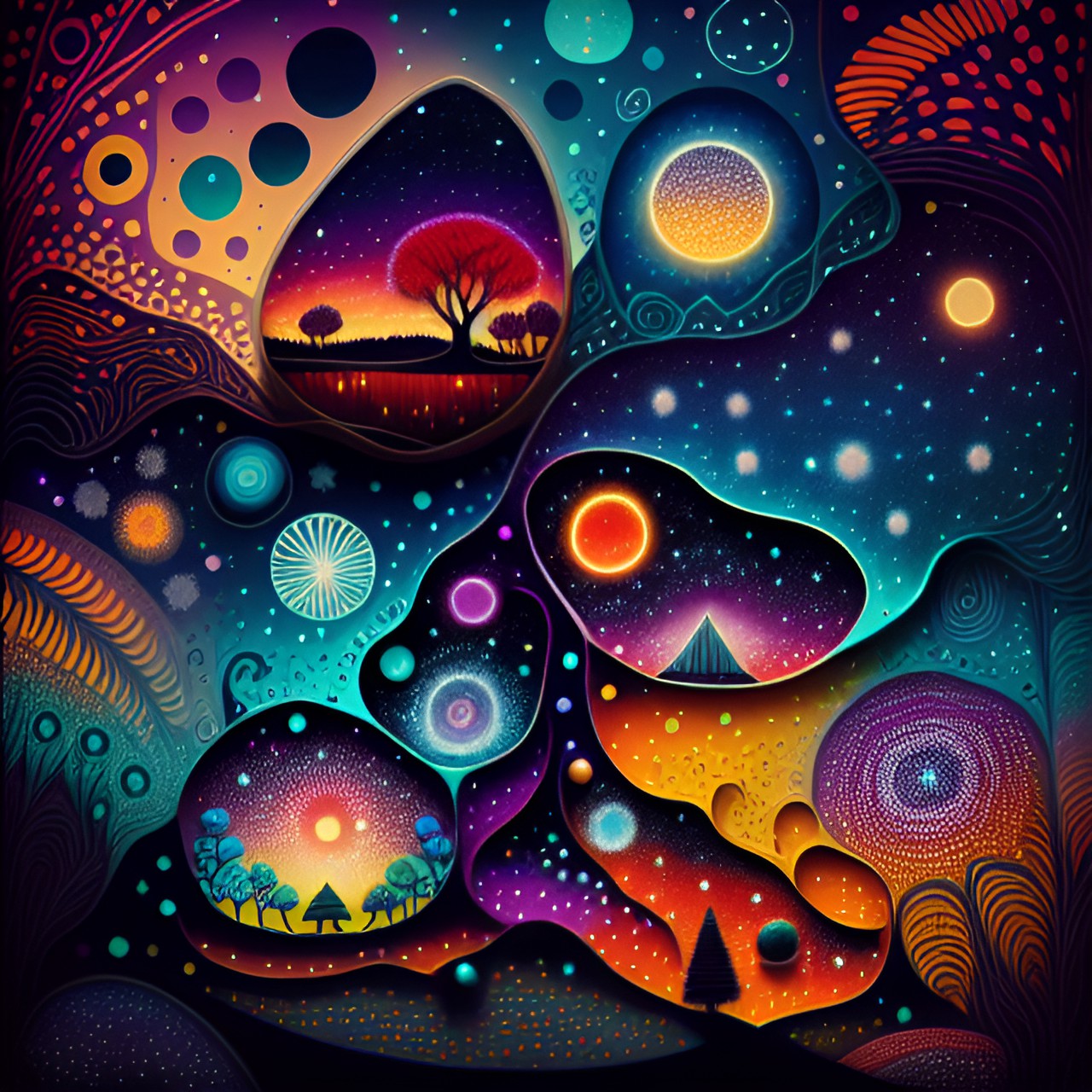 Cellular Vibes/Views - colorful small dots, dreamtime aboriginal art, story image land relationship preview