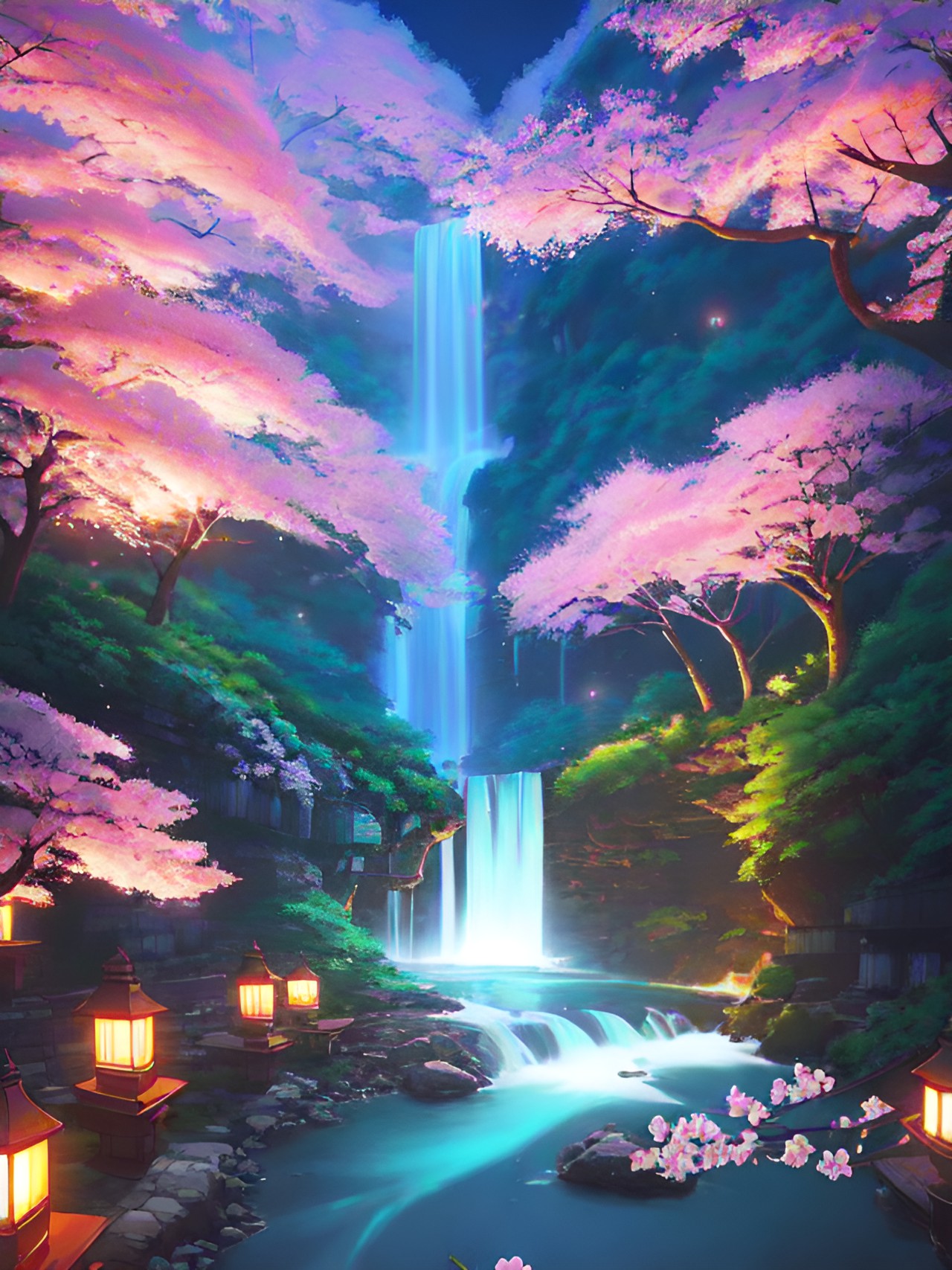 cherry blossom waterfall, night, lanterns preview