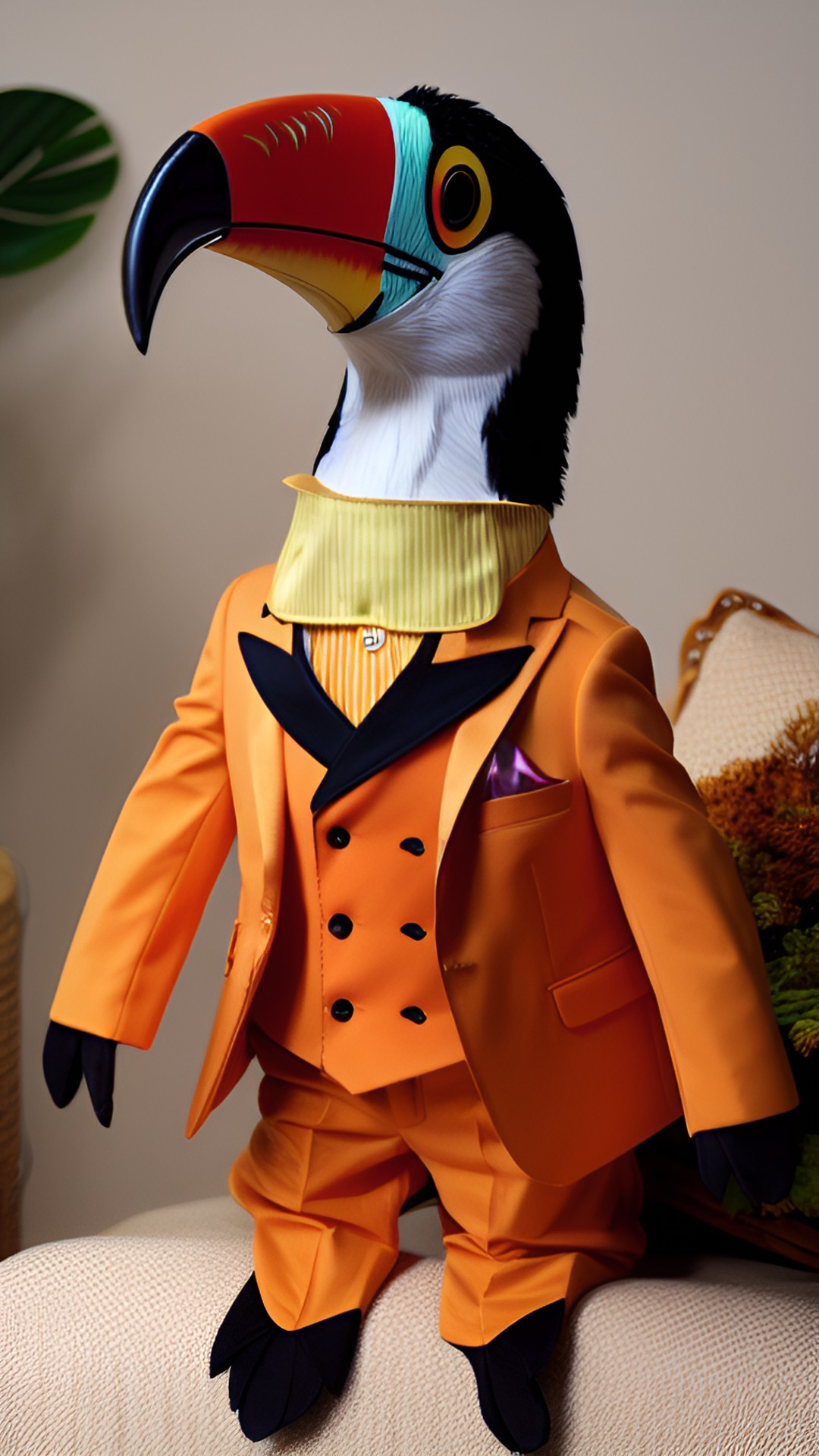 toucan wearing an orange tuxedo jacket preview