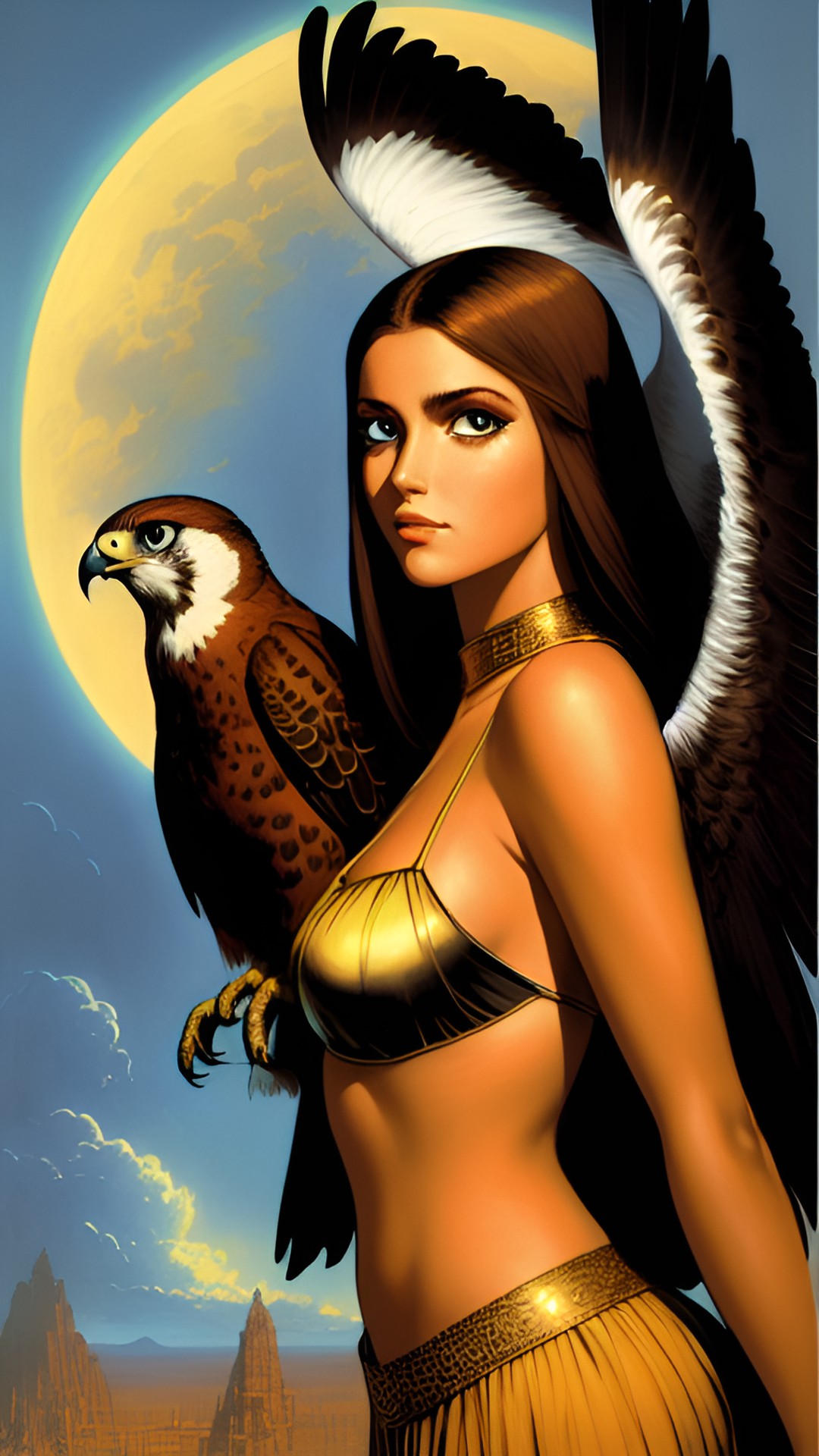 woman with falcon wings with golden brown hair wearing brown and white large eyes and long lashes preview