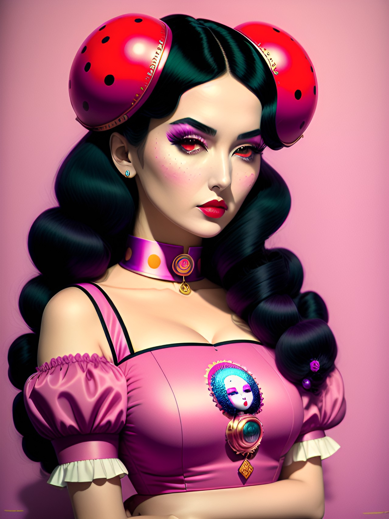 monica bellucci, cherry bomb aesthetic, dreamlike, weird, surreal, creepy cute, pop culture references, colorful pastel, doll-like, sensuality intense, trevor brown, audrey kawasaki, mark ryden, miss van, natalie shau, contemporary art, detailed, focus, preview