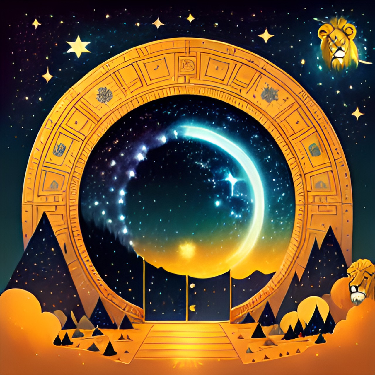 create an interpretation of the lion’s gate portal to accompany a blog post about spirituality in a dreamlike style with the starry sky as a background preview