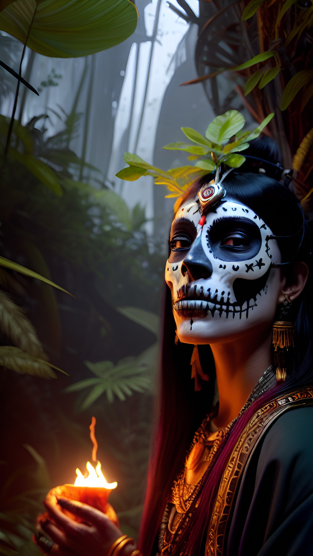 Priestess of Kali - voodoo skull mask priestess in dense jungle preview