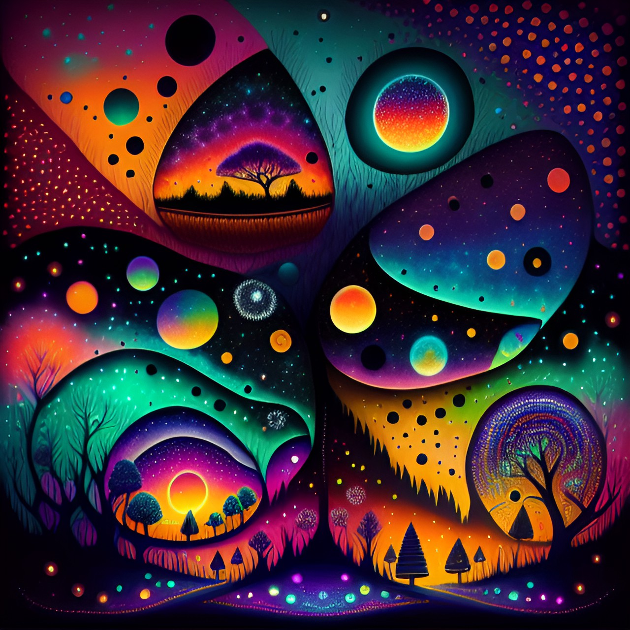 Planet Disco Remix - colorful small dots, dreamtime aboriginal art, story image land relationship preview