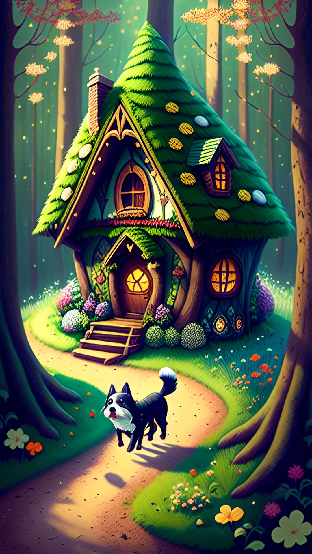 fairy tale house in the woods, pixies flying, cute dog running preview