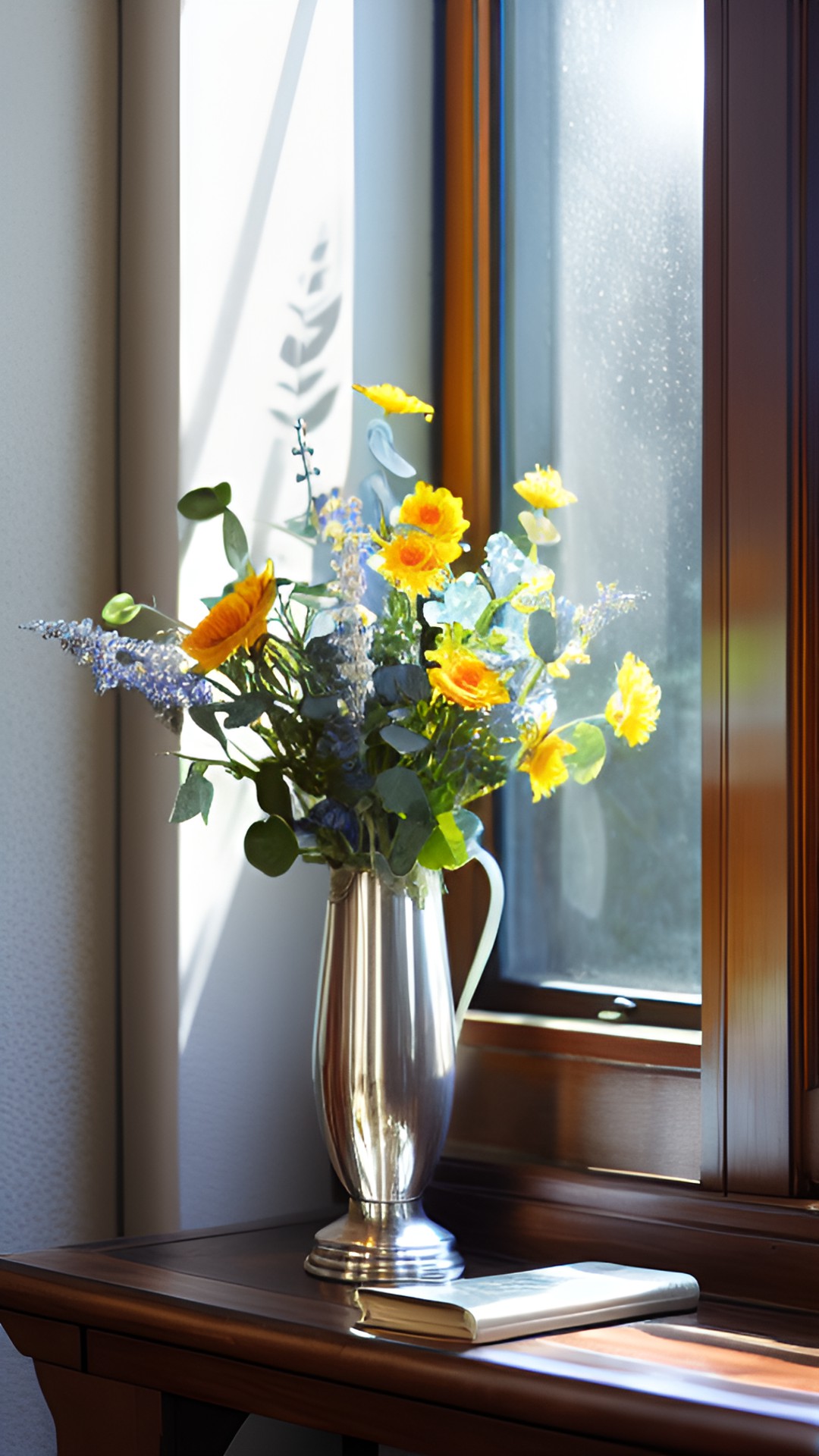 a silver vase with flowers stands on the table.sunbeams fall through the window. preview