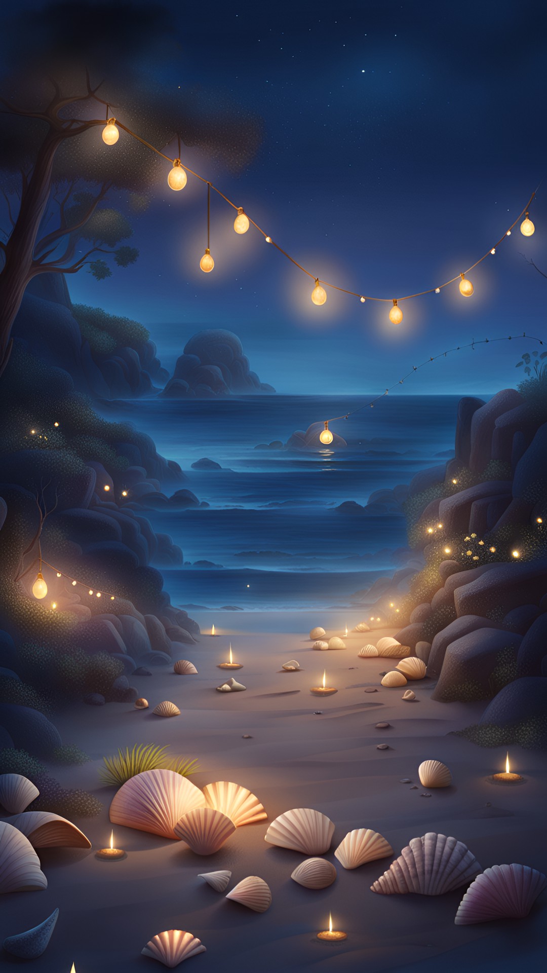 a magical ocean side, night, seashells, fairy lights. preview