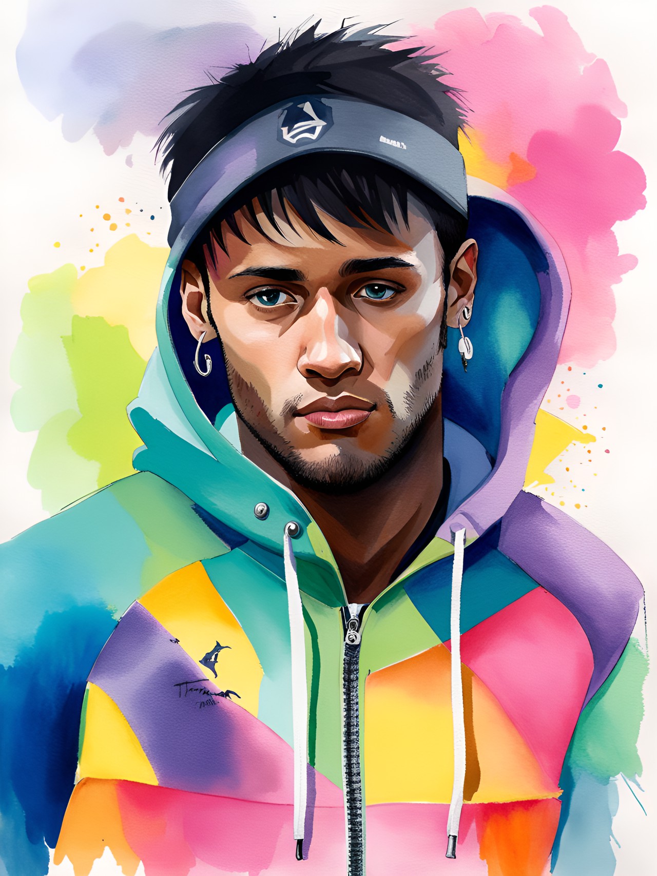 realistic handsome, cute, attractive neymar jr full portrait with black hair, and black eyes, wearing a ralphtrack hoodie preview