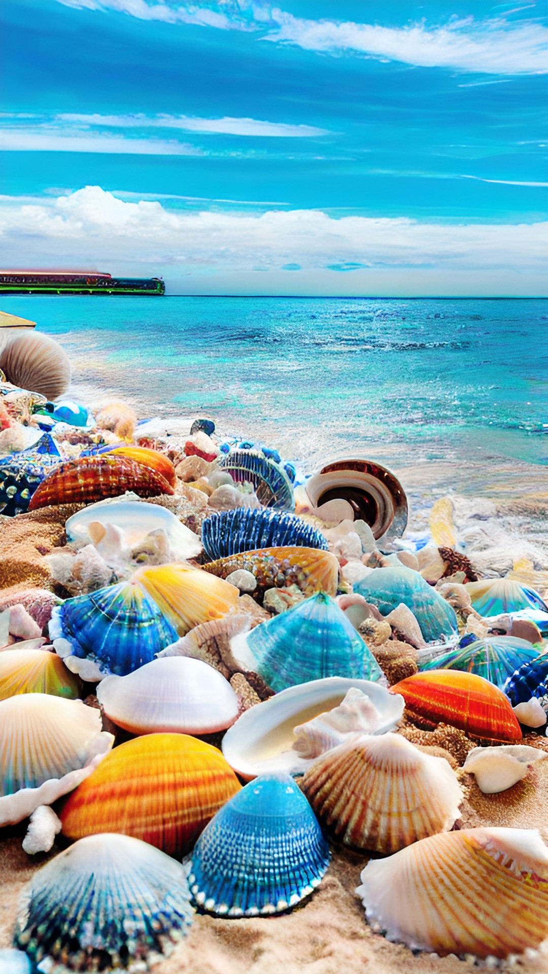 white and blue ocean waters washing white sand beach with colorful shells preview