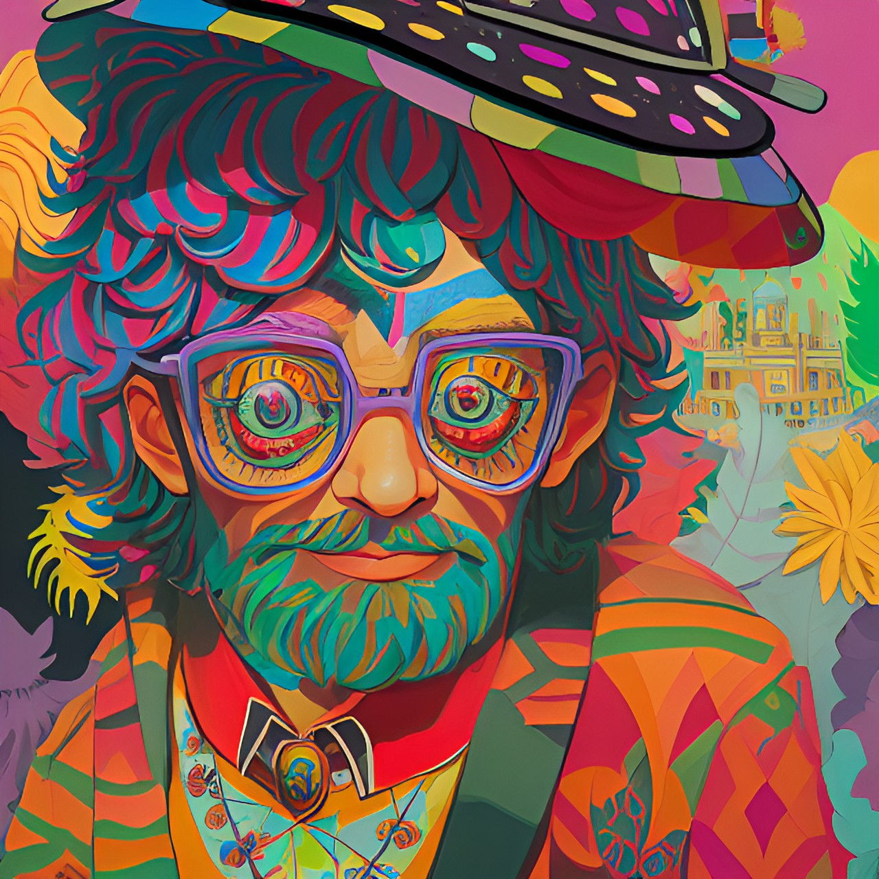 Terence McKenna - 4 d rhombic dodecahedron, trippy, dmt visuals, highly detailed, supernatural eyes, complimentary colors, by david hockney, by dali, by kinkade preview