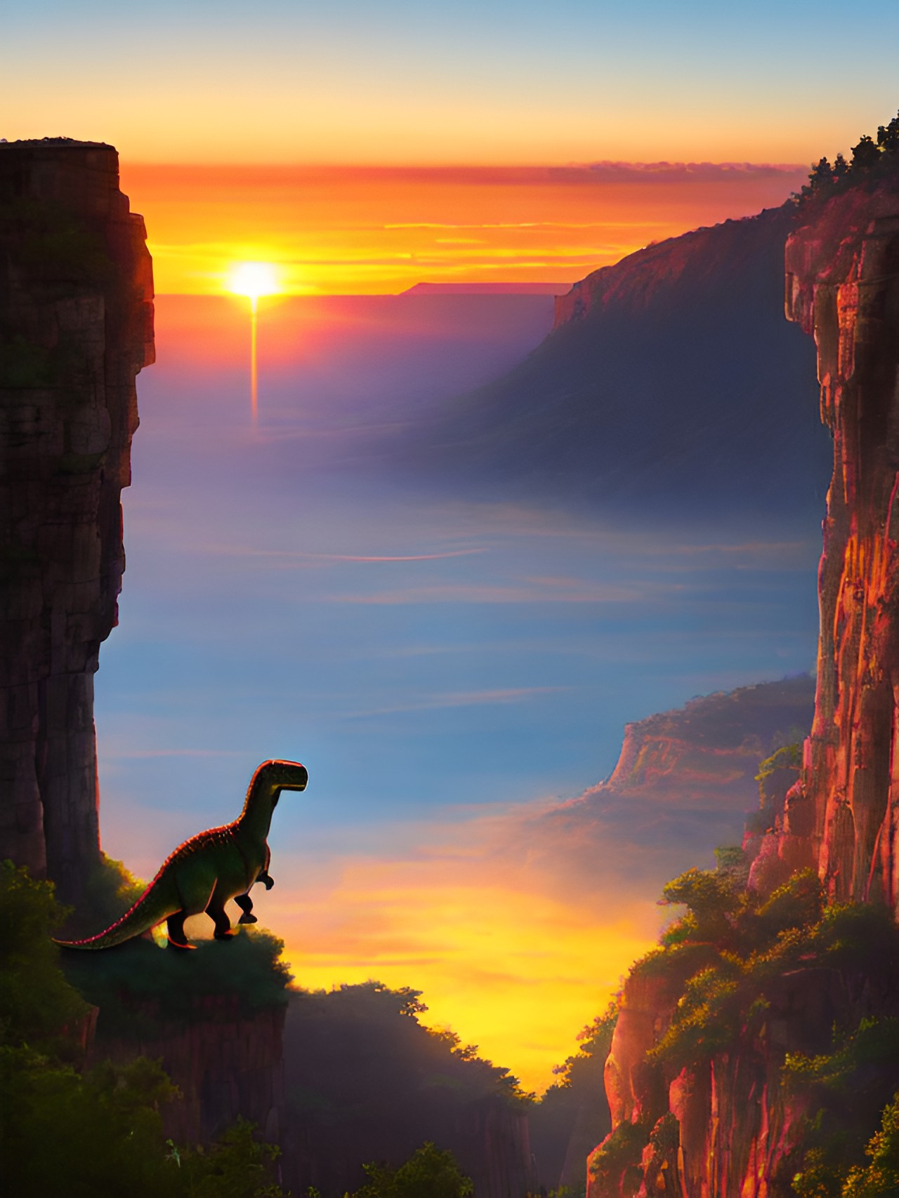 dinosaur on a cliff, sunset preview