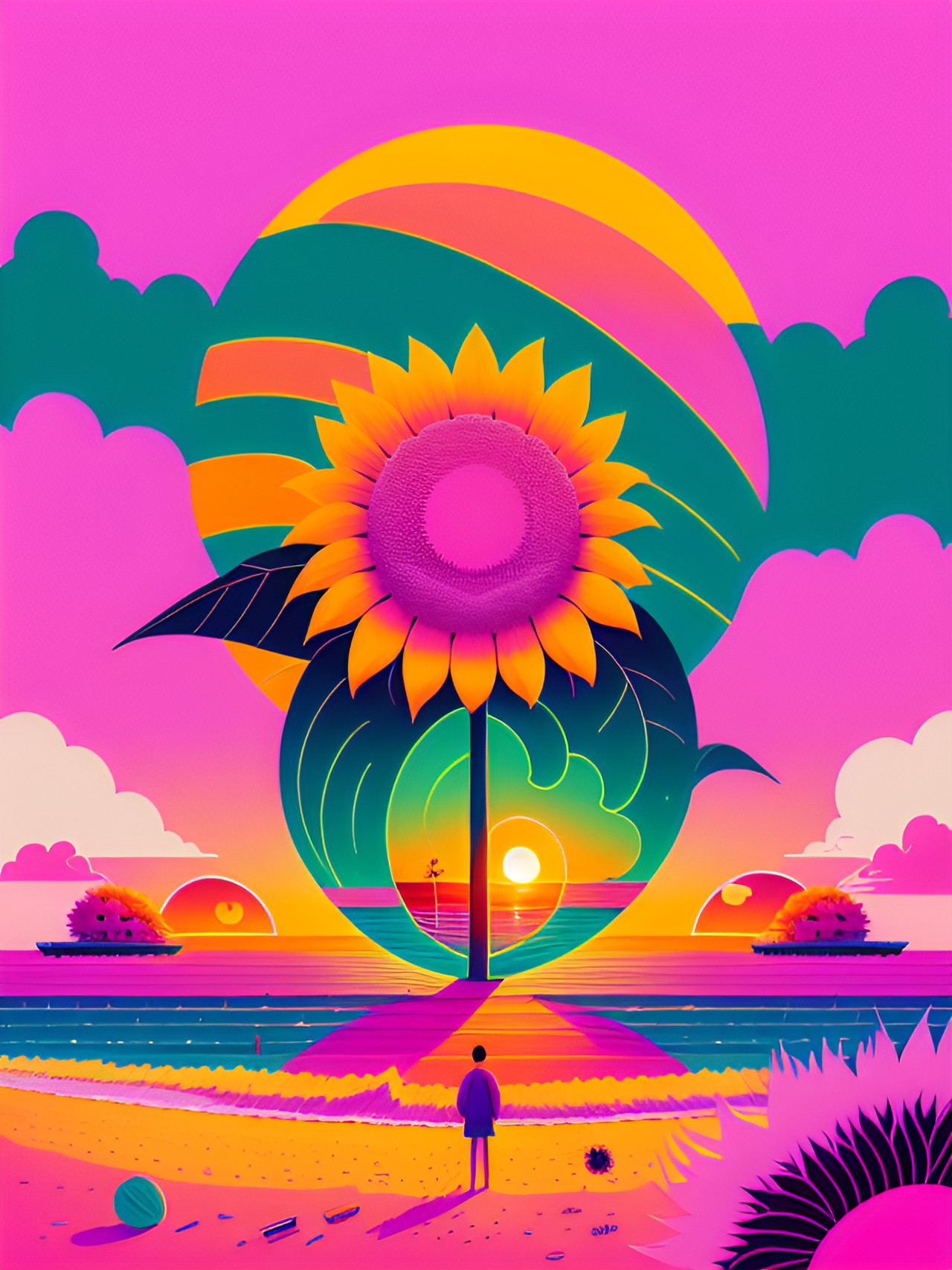 a giant sunflower on a beach with a pink sunset with a white shirt in the ground preview