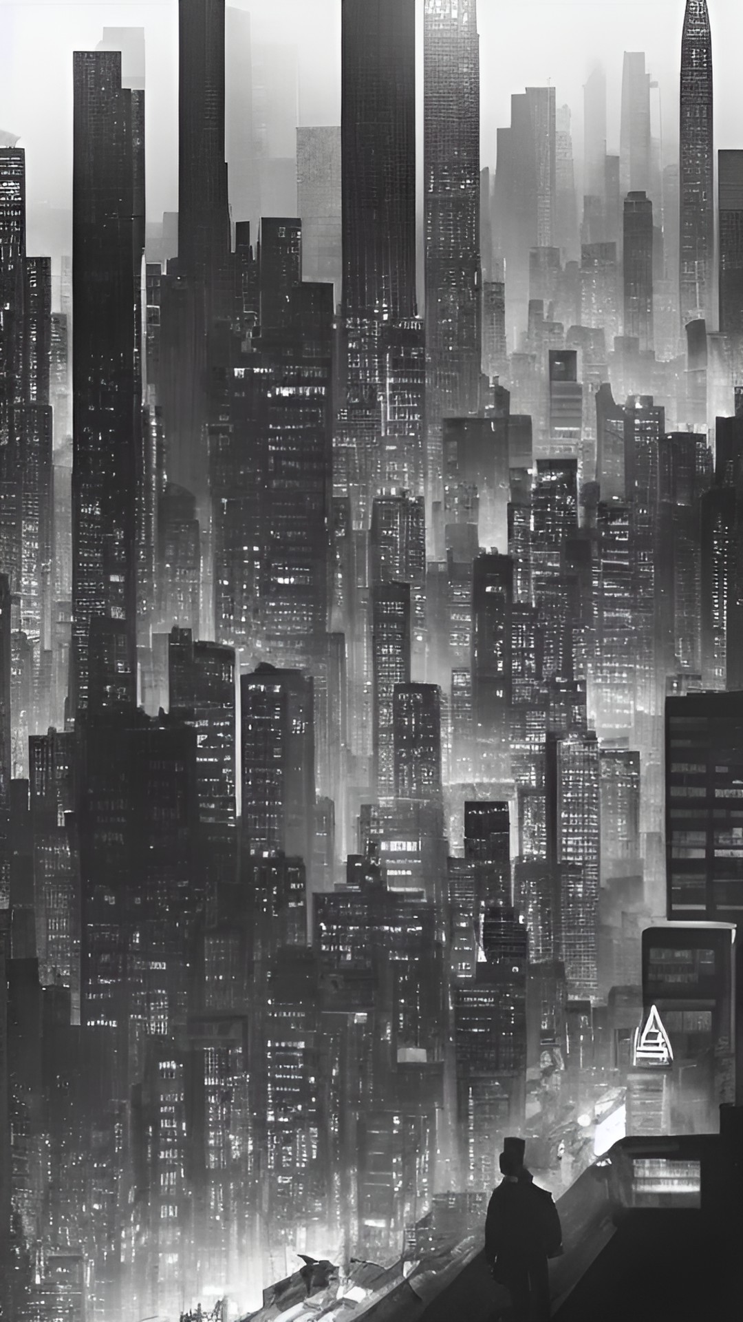 a dark dystopia like metropolis with a man in the middle of it preview