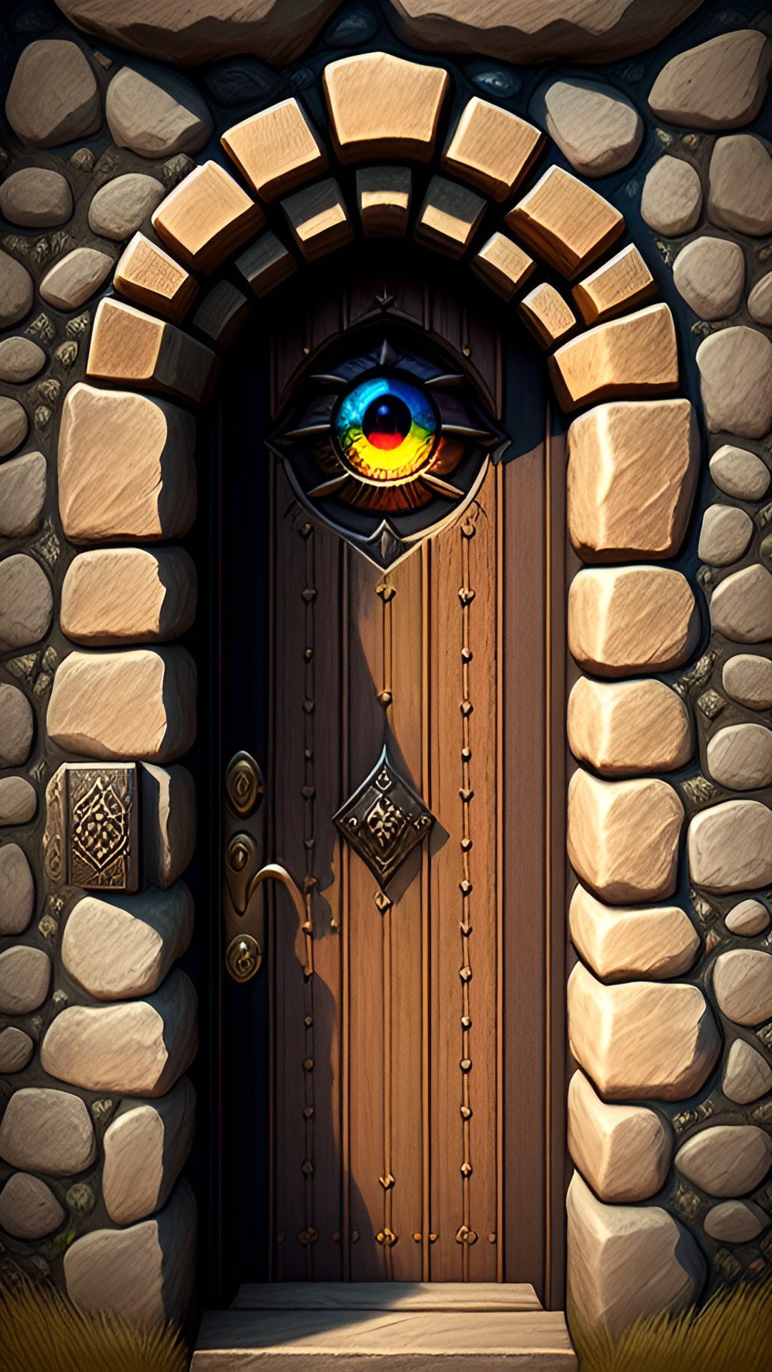 at the wizard tower: large, heavy wooden door with iron hinges and handle set in a stone wall at the top of narrow stairs.it has a door knocker that is a realistic eye. evil eye. preview