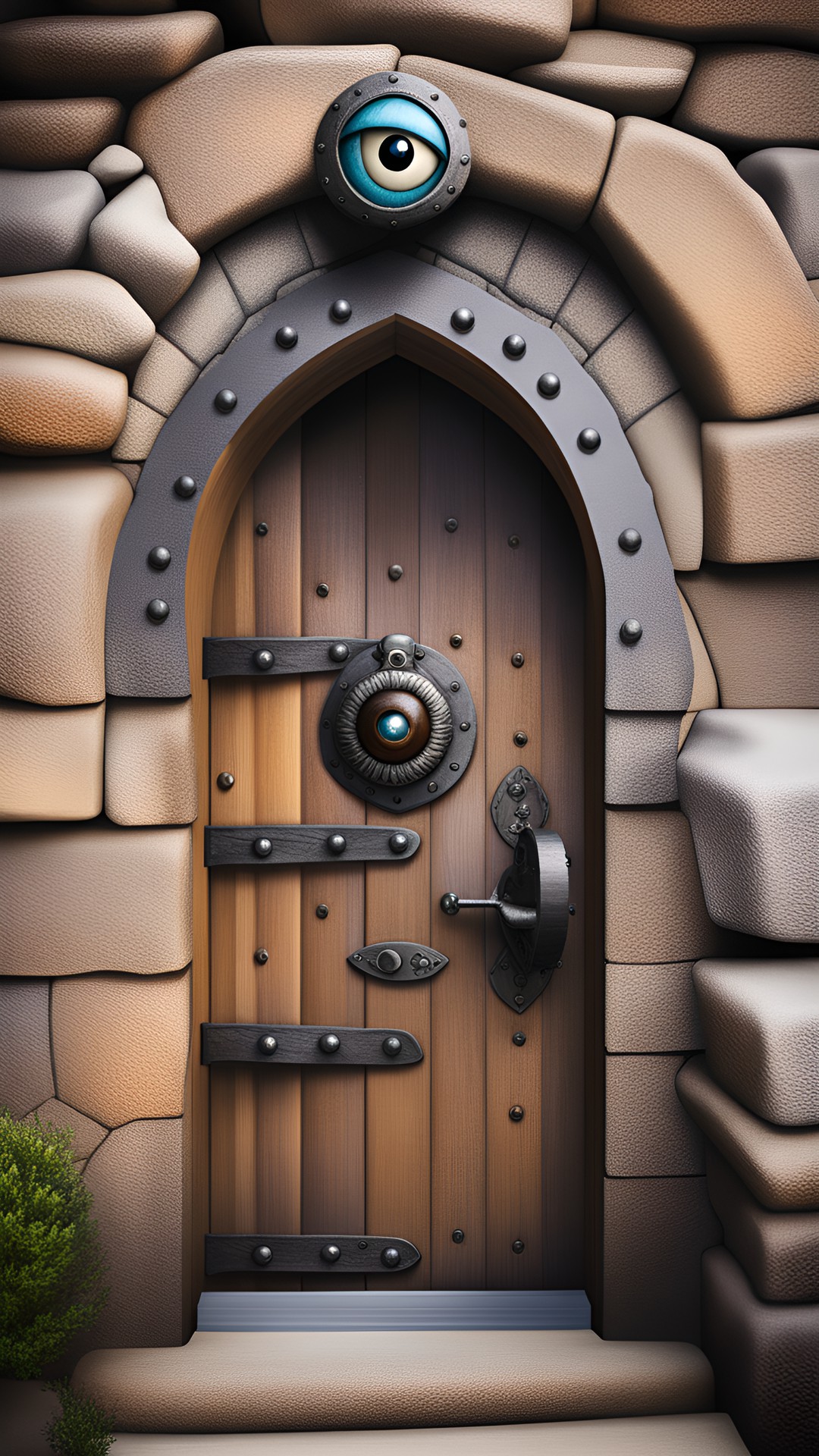 at the wizard tower: large, heavy wooden door with iron hinges and handle set in a stone wall at the top of narrow stairs.it has a door knocker that is a realistic eye. evil eye. preview