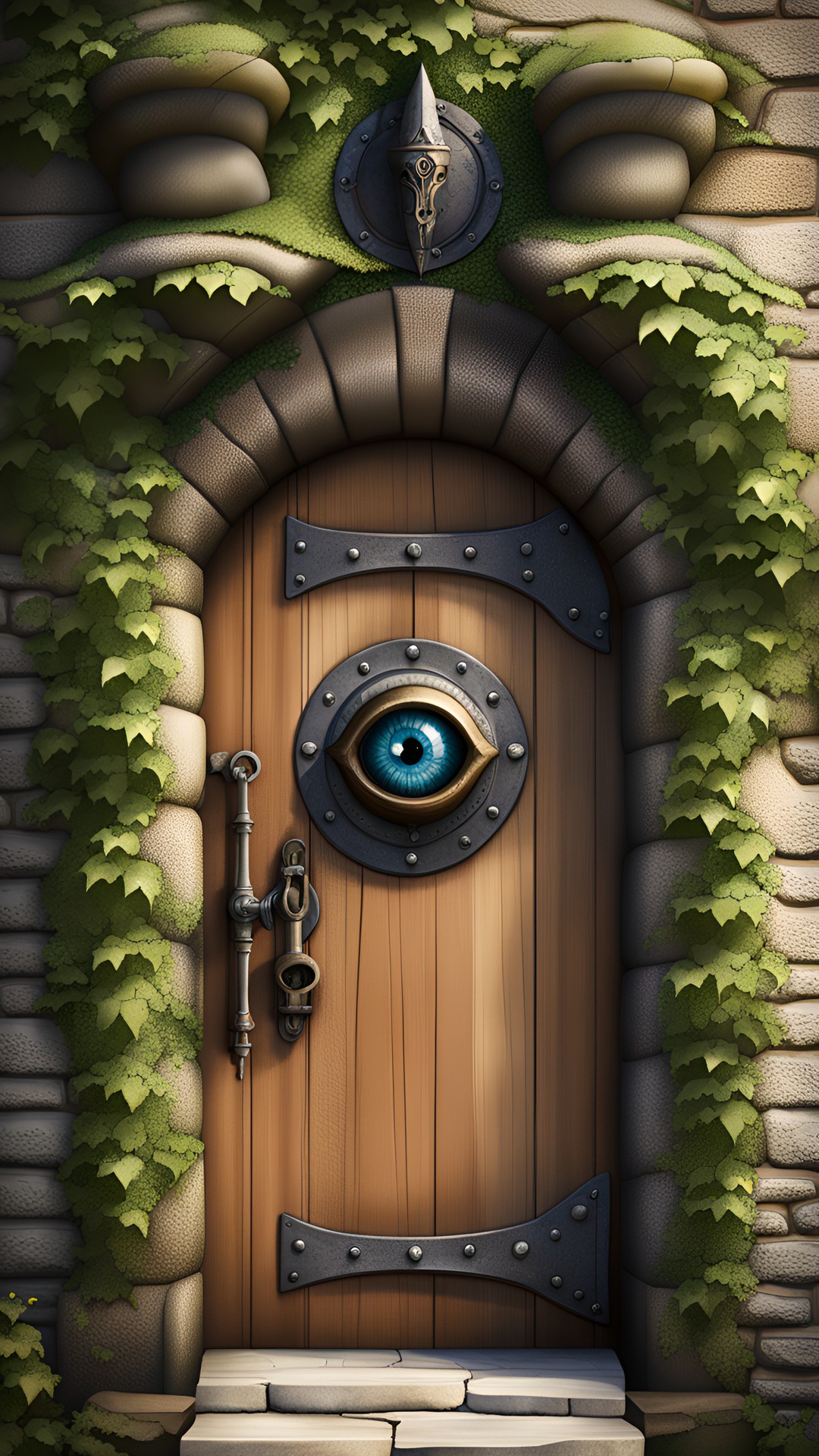 large, heavy wooden door with iron hinges and handle set in a stone wall of a wizard's tower. the wall has ivy and wisteria climbing on it. the door has a door knocker that is a realistic eye. evil eye. preview