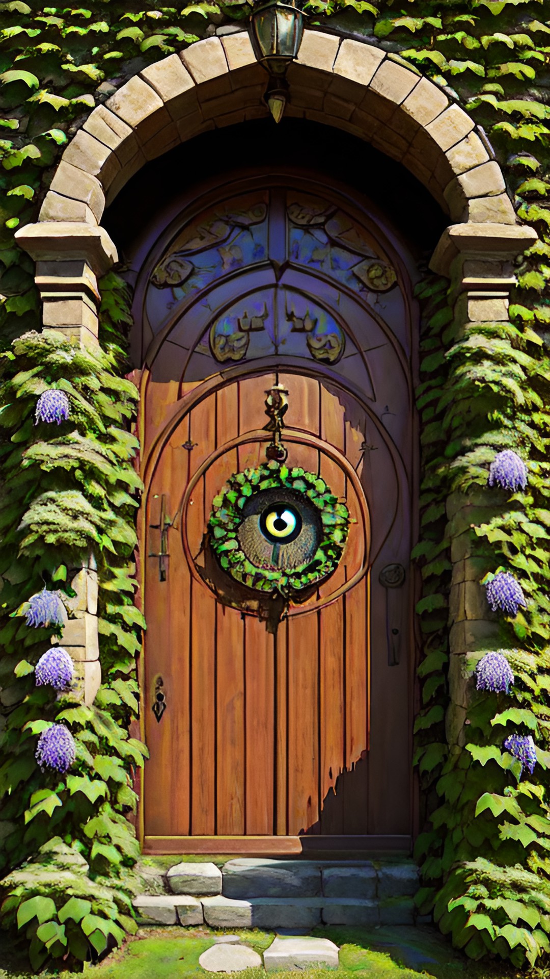 large, heavy wooden door with iron hinges and handle set in a stone wall of a wizard's tower. the wall has ivy and wisteria climbing on it. the door has a door knocker that is a realistic eye. evil eye. preview