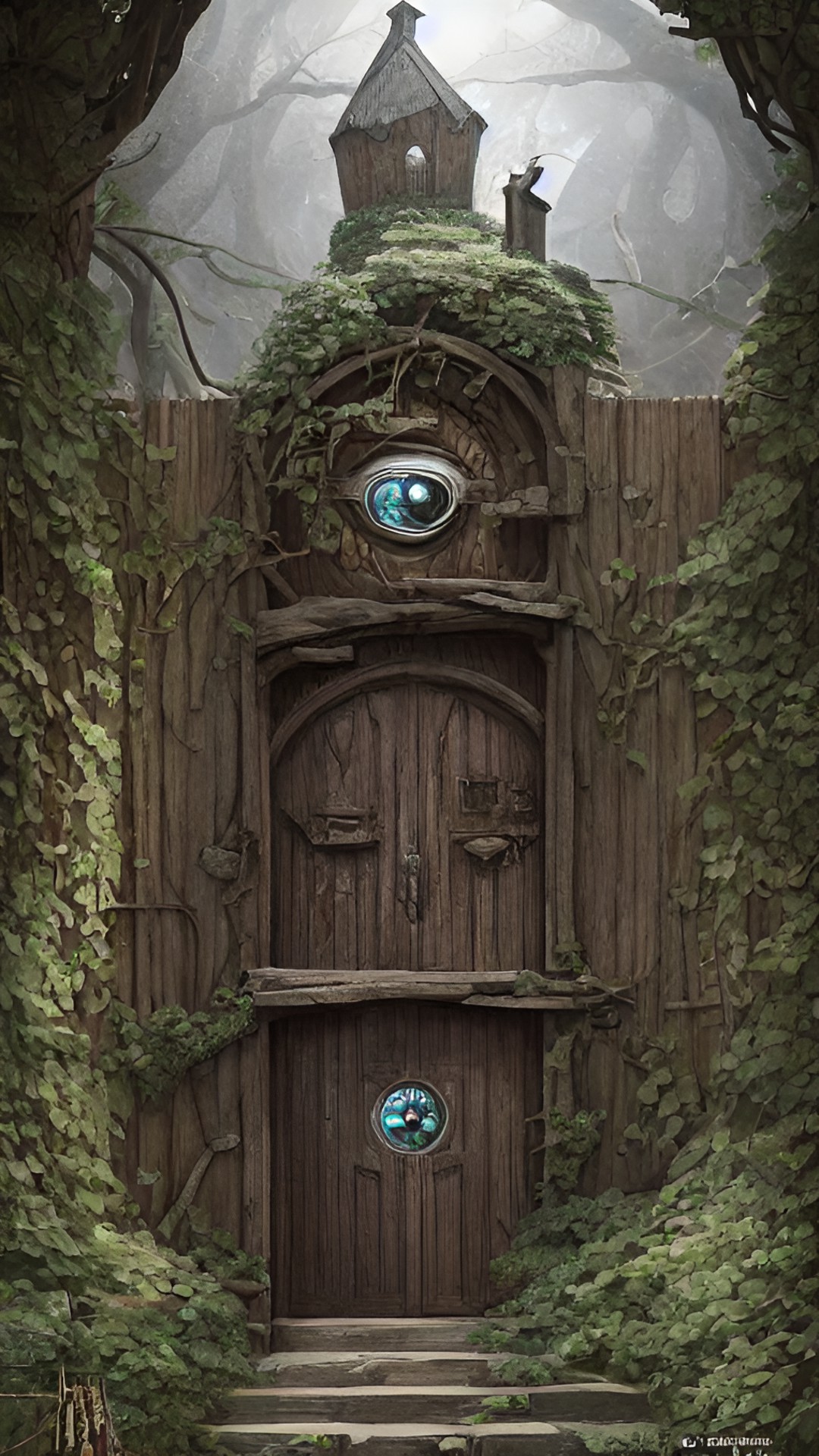 large, heavy wooden door with iron hinges and handle set in a stone wall of a wizard's tower. the wall has ivy and wisteria climbing on it. the door has a door knocker that is a realistic eye. evil eye. preview