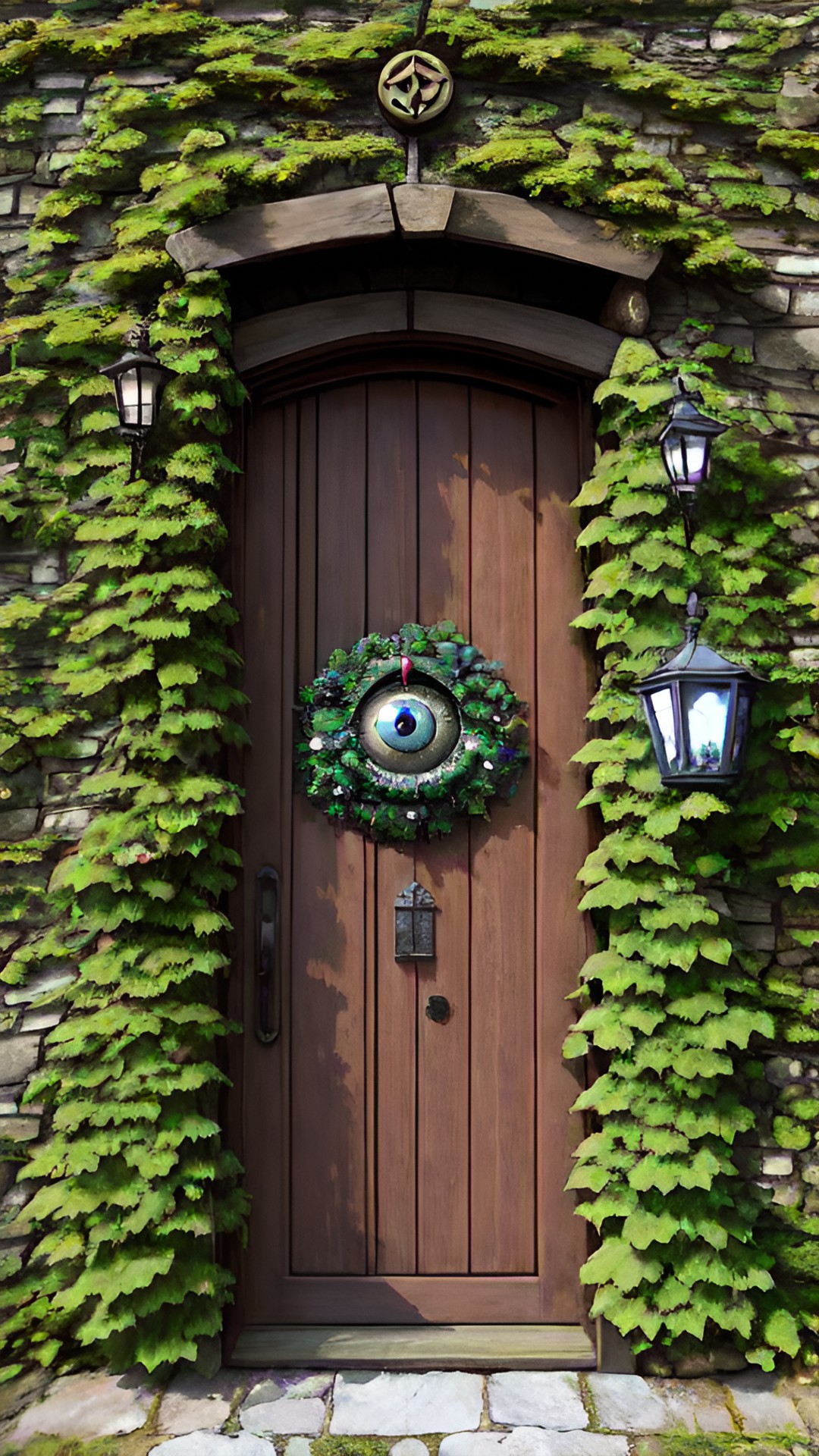 large, heavy wooden door with iron hinges and handle set in a stone wall of a wizard's tower. the wall has ivy and wisteria climbing on it. the door has a door knocker that is a realistic eye. evil eye. preview